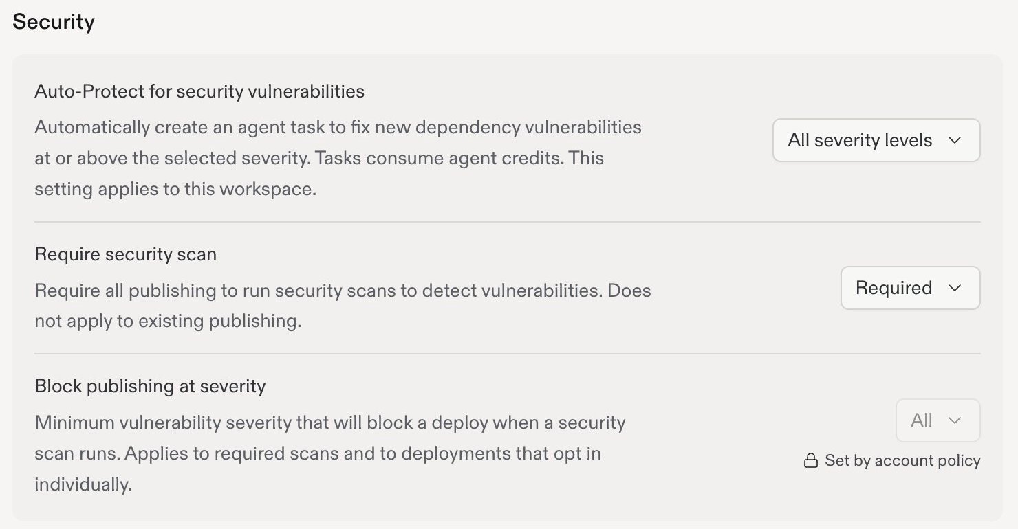 Workspace security settings with editable Auto-Protect and Require security scan controls, and Block publishing at severity labeled Set by account policy.