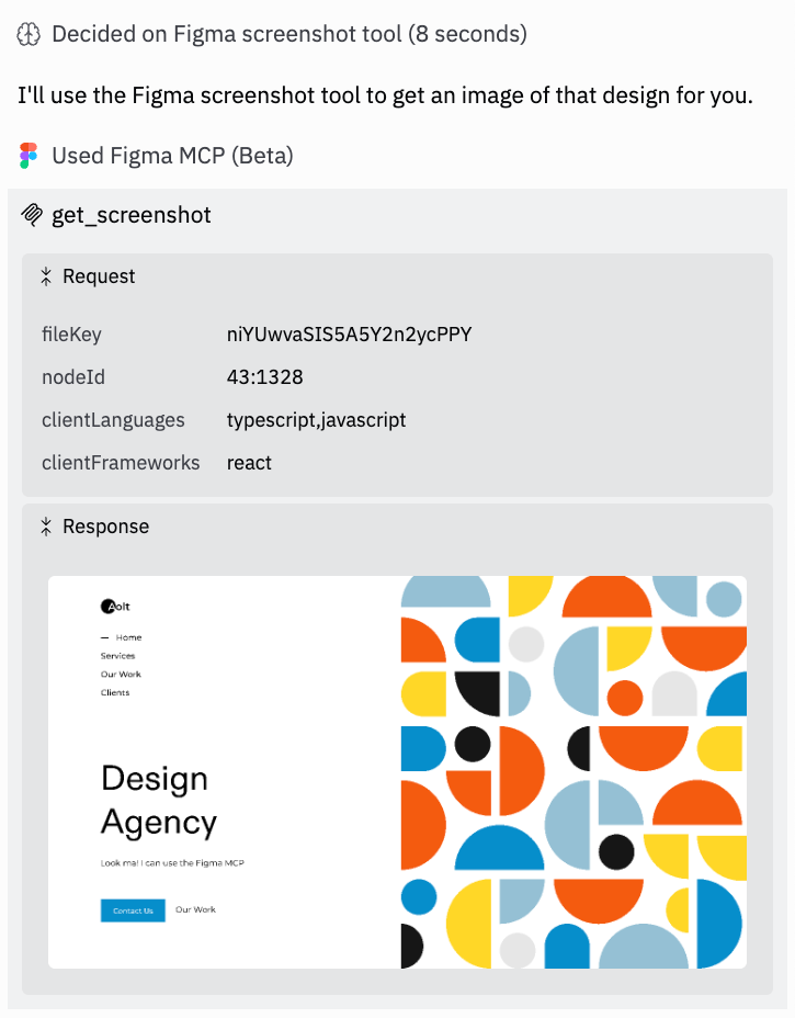 Expanded chat event showing MCP calls to the Figma integration
