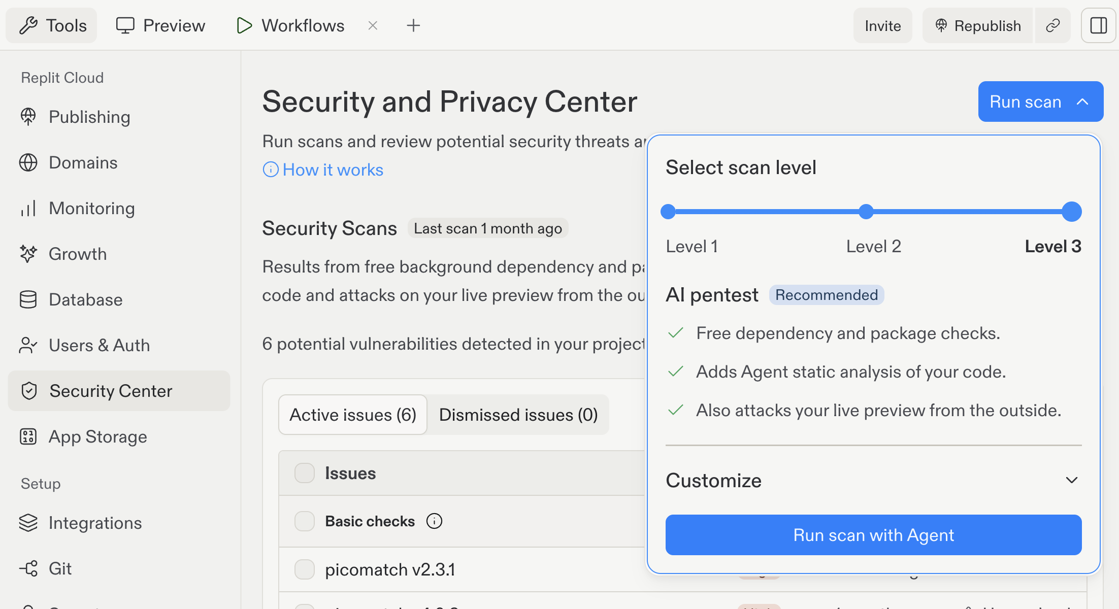 Security and Privacy Center open from the Tools pane with the Select scan level menu expanded and Level 3 AI pentest selected