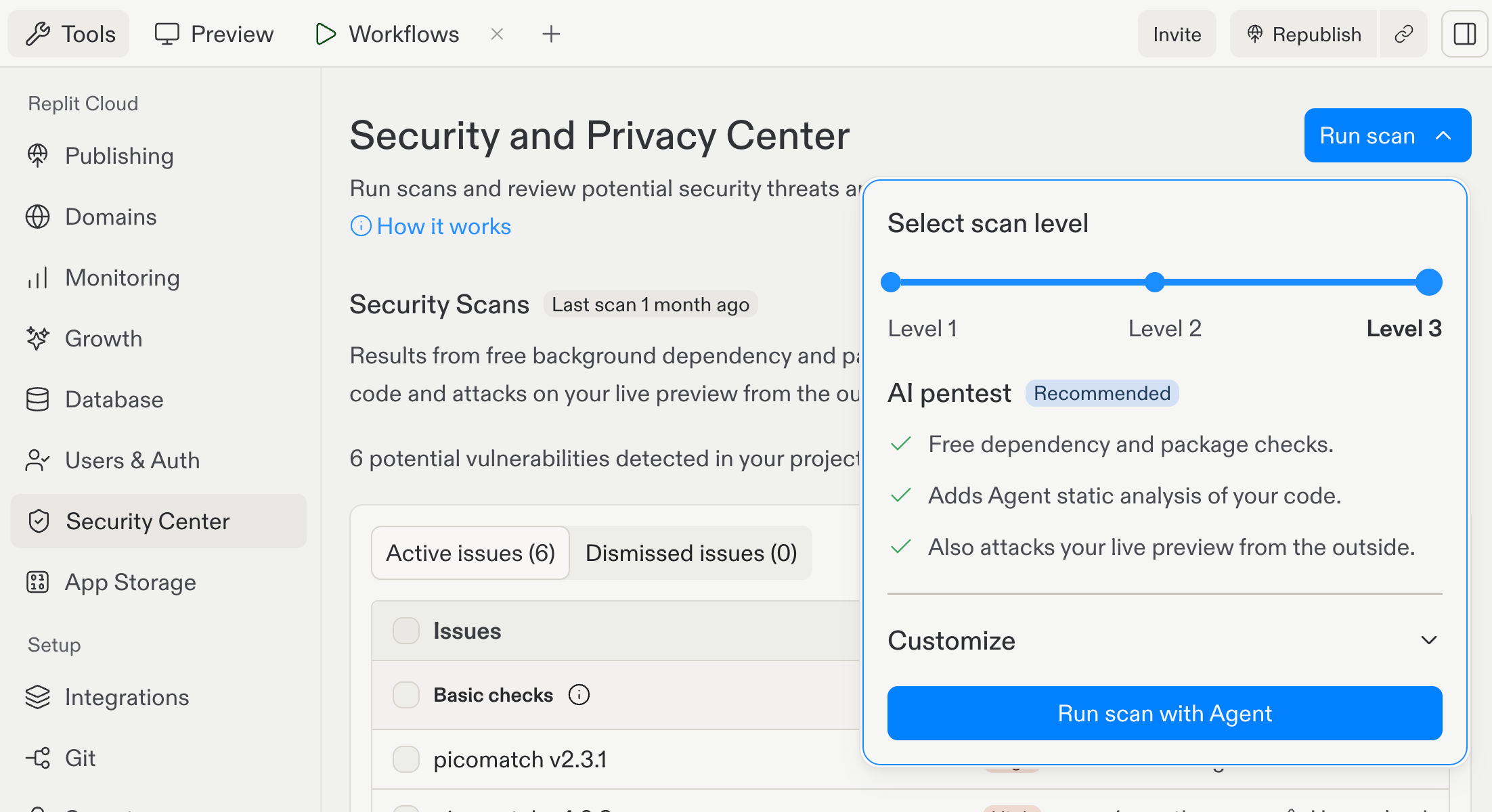 Security and Privacy Center with the Select scan level menu expanded and Level 3 AI pentest selected