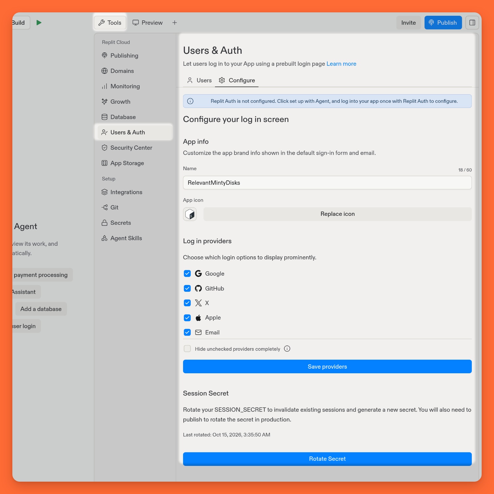 Users & Auth Configure tab with app name, app icon, login providers, and Save providers, alongside the Tools navigation