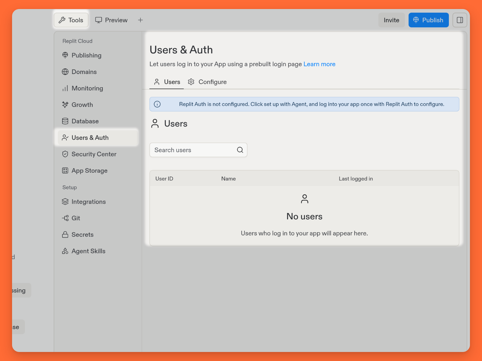 Project Editor with Tools, Users & Auth navigation, and the empty Users tab highlighted against a dimmed background