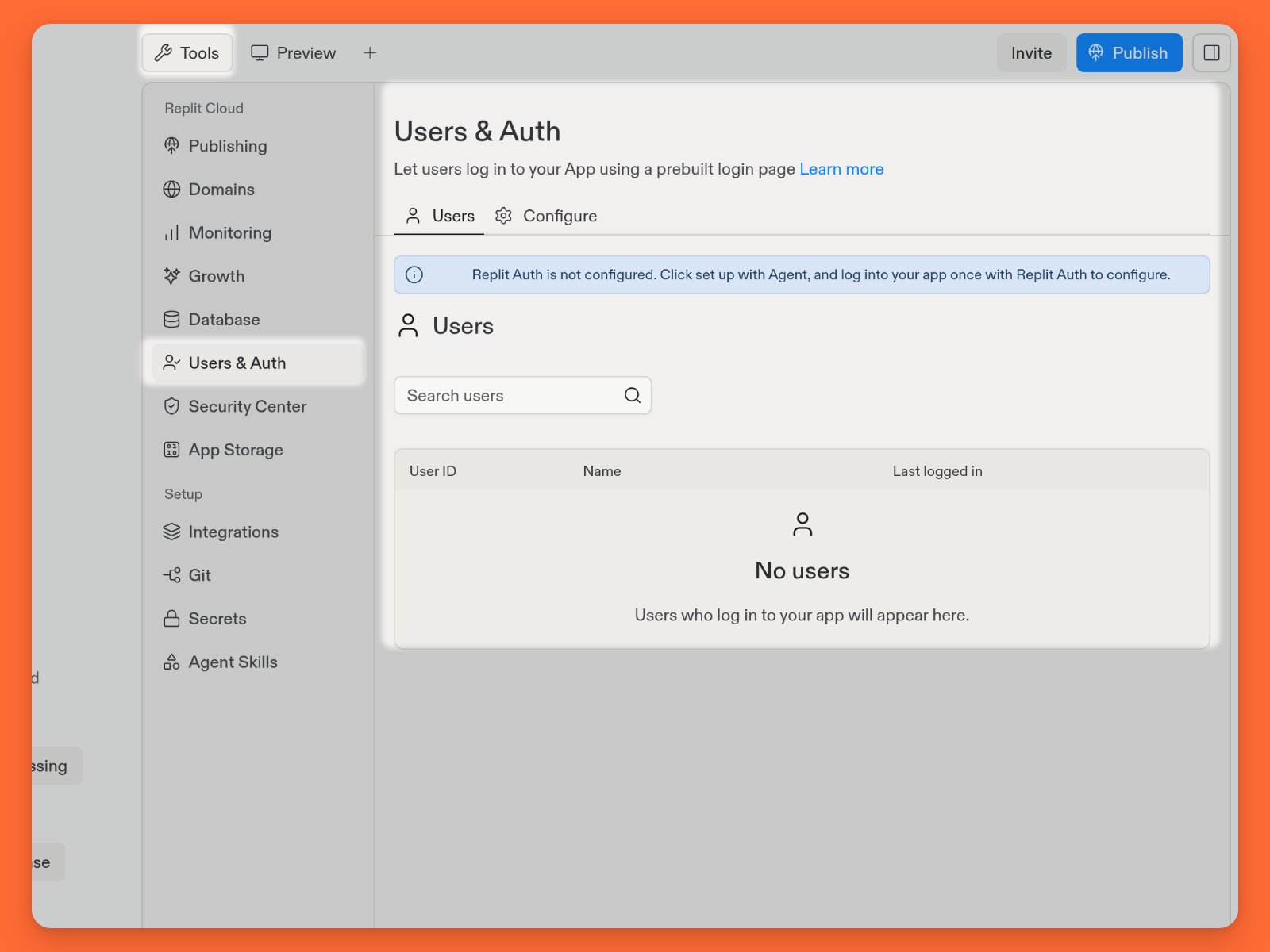 Project Editor with Tools, Users & Auth navigation, and the empty Users tab highlighted against a dimmed background