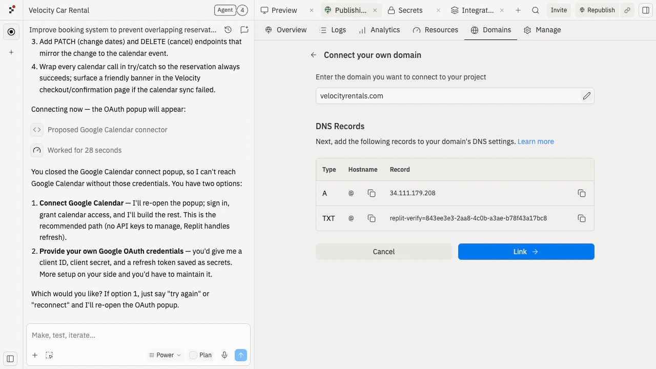 The Replit custom-domain dialog inside Velocity's Publishing settings with velocityrentals.com entered and the two DNS records (an A record and a TXT verification record) ready to copy