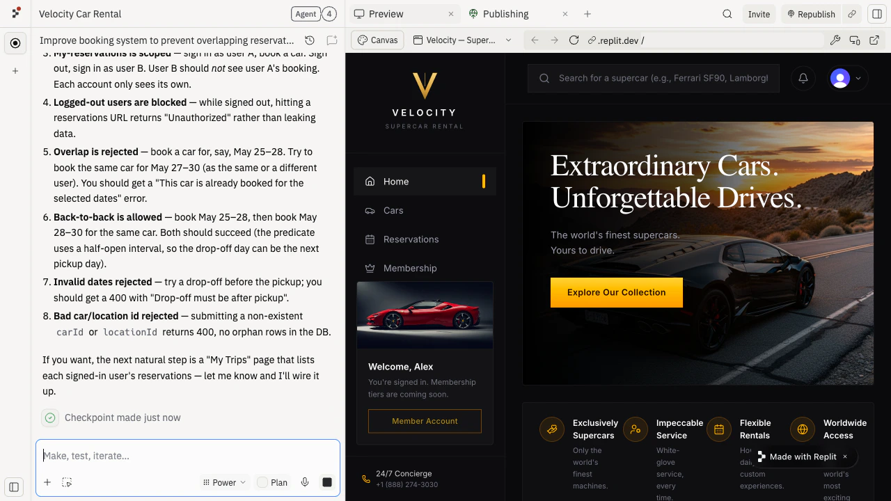 Agent chat after the Neon migration showing the verification checklist — overlap-prevention, signed-out blocking, user-scoped bookings, invalid date rejection, bad-car rejection — and a Checkpoint made just now indicator, alongside the Velocity preview rendering with the persisted fleet