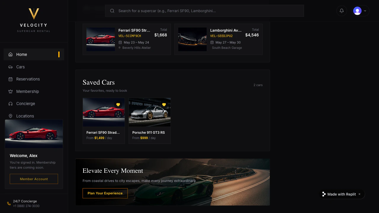 Velocity after refresh showing the signed-in customer's My bookings list with two saved reservations and the fleet page with cars in the same order, both unchanged from before the refresh