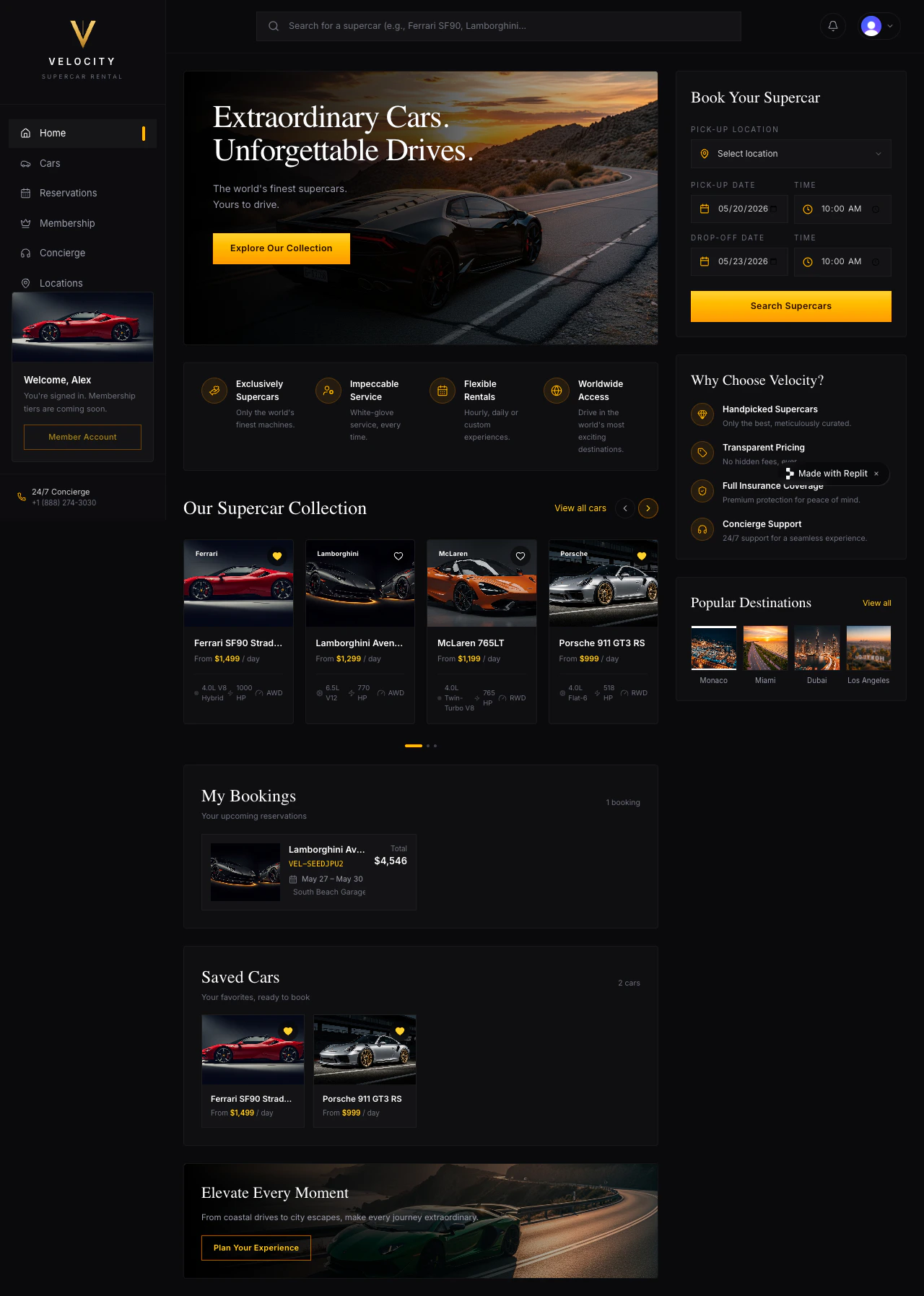 Velocity home screen after sign-in showing the customer name in the top-right header, the My bookings section with one upcoming reservation, and the saved-cars row underneath