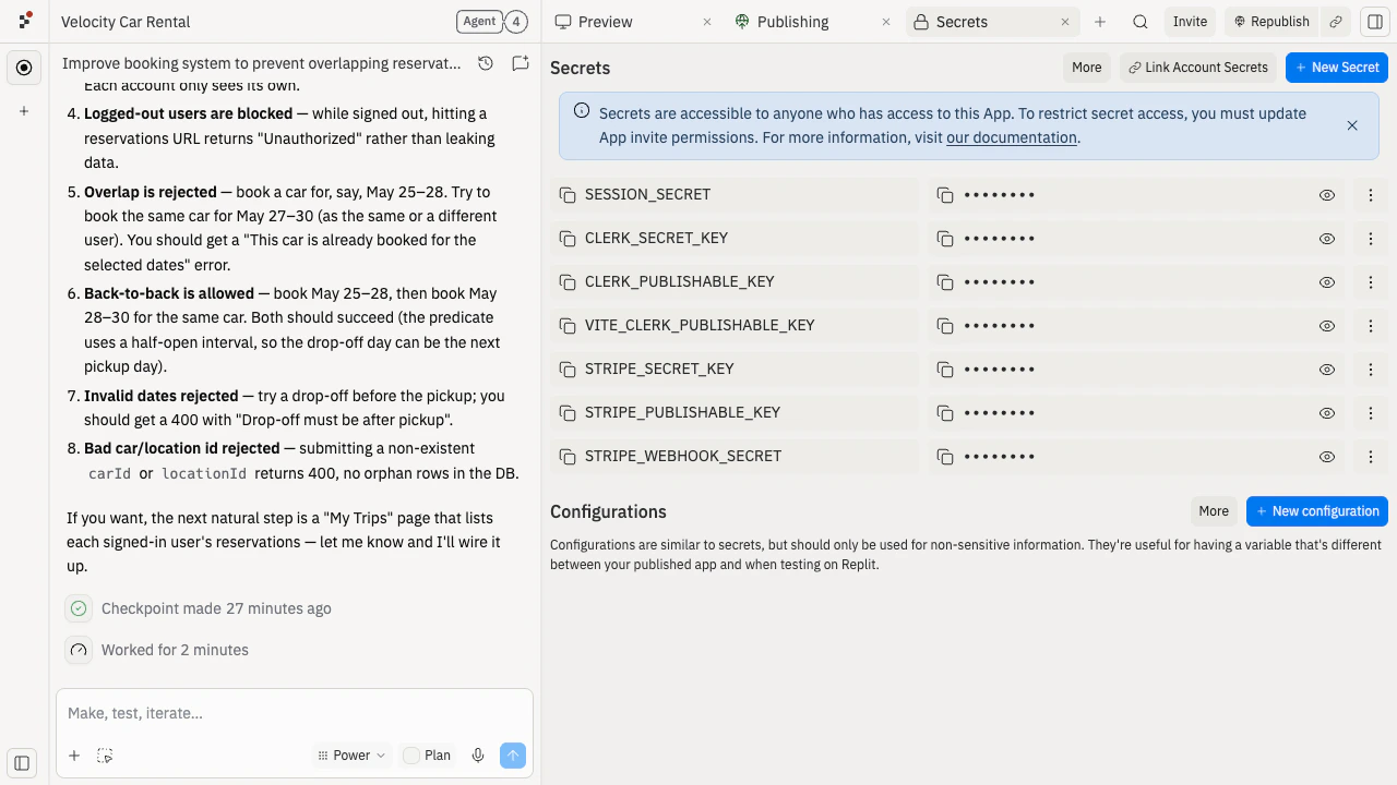 Replit Secrets pane showing the Stripe API keys (STRIPE_SECRET_KEY, STRIPE_PUBLISHABLE_KEY, STRIPE_WEBHOOK_SECRET) that Agent told the builder to paste