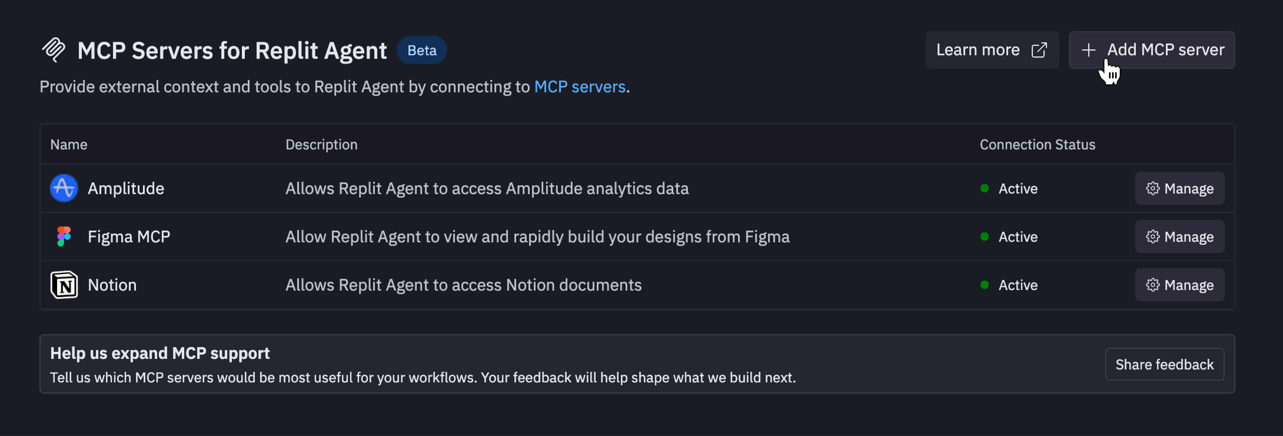 showing the MCP servers section in the integrations pane