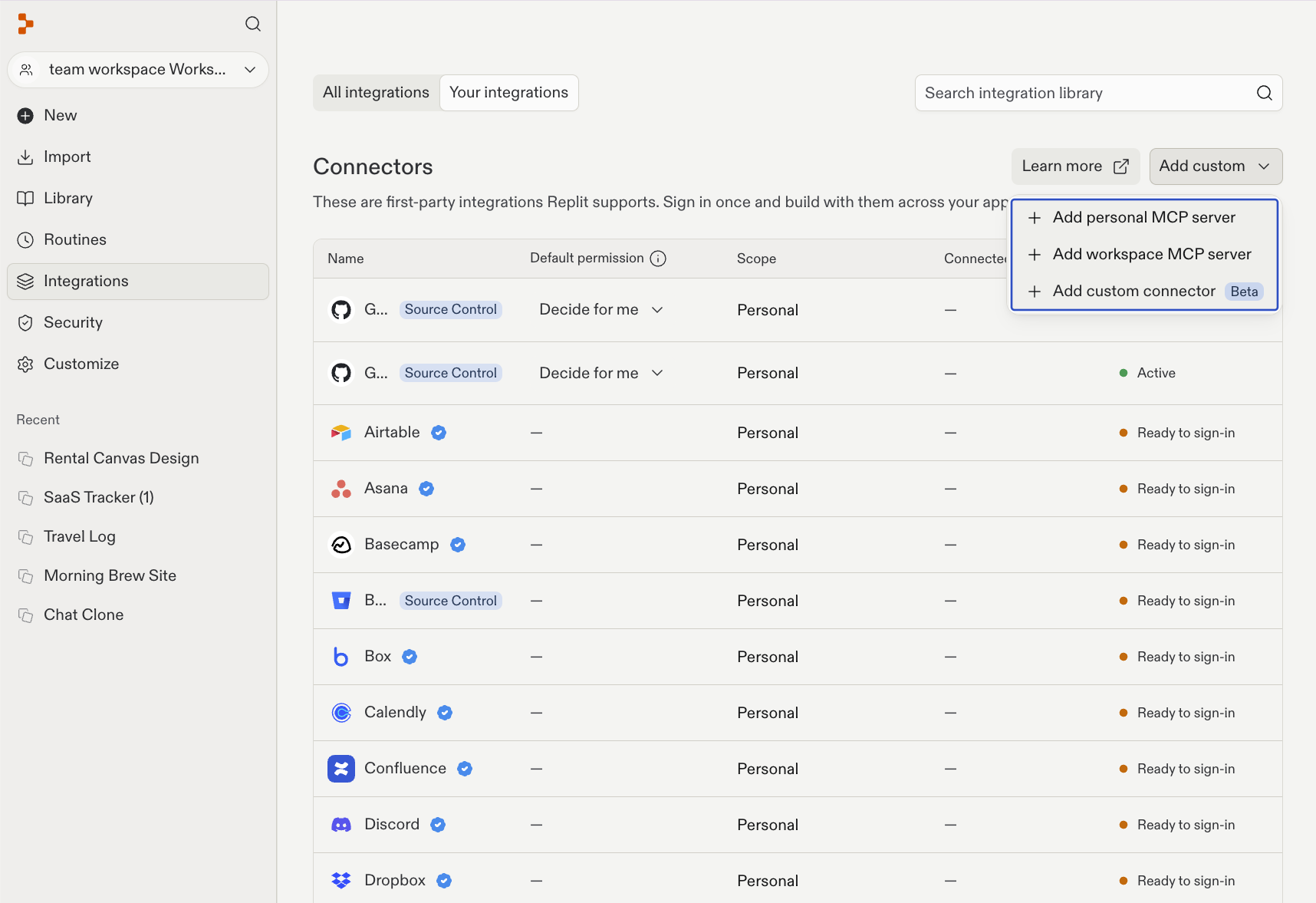 Integrations page with the Add custom menu open and Add custom connector listed below the MCP server options