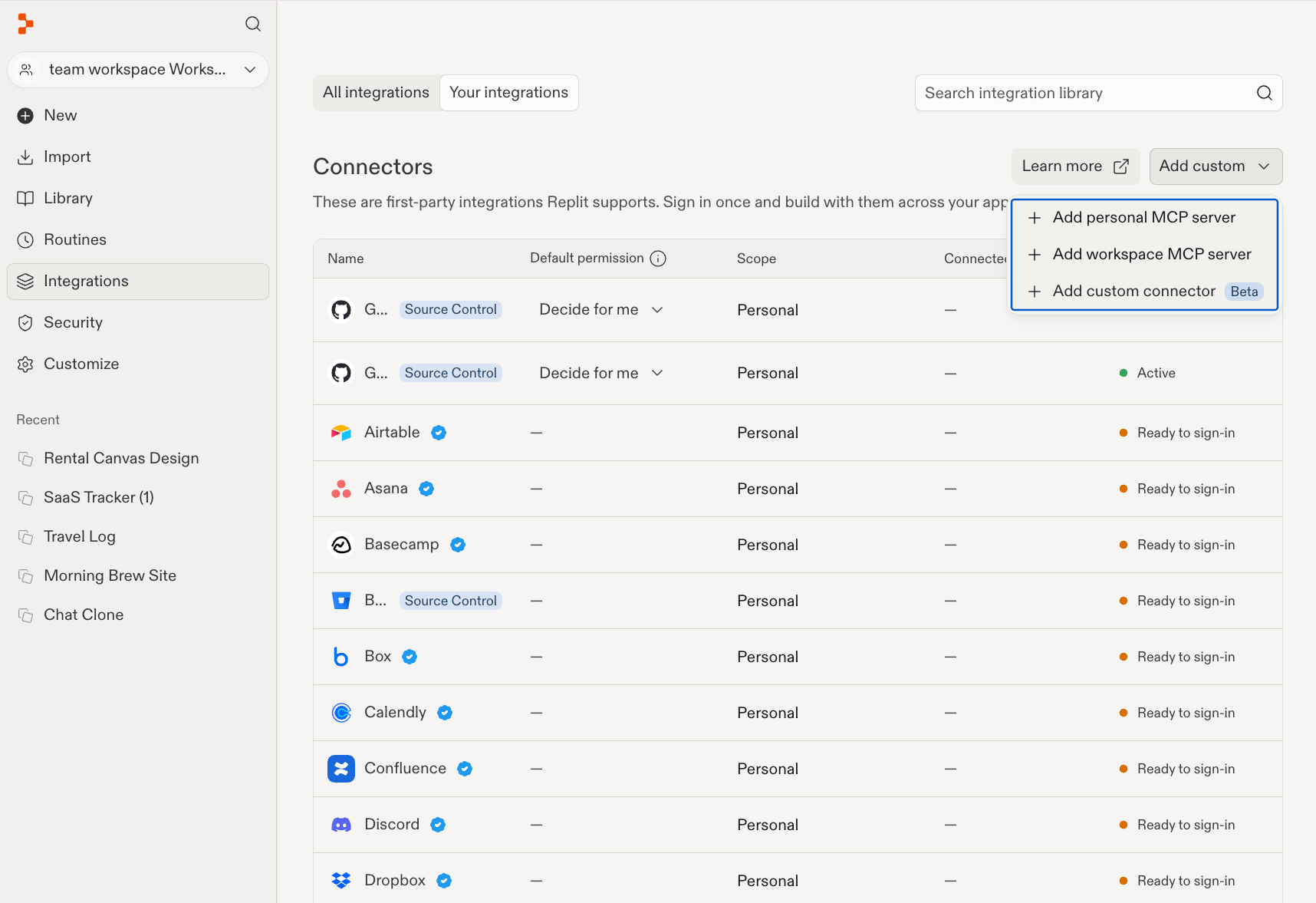 Integrations page with the Add custom menu open and Add custom connector listed below the MCP server options
