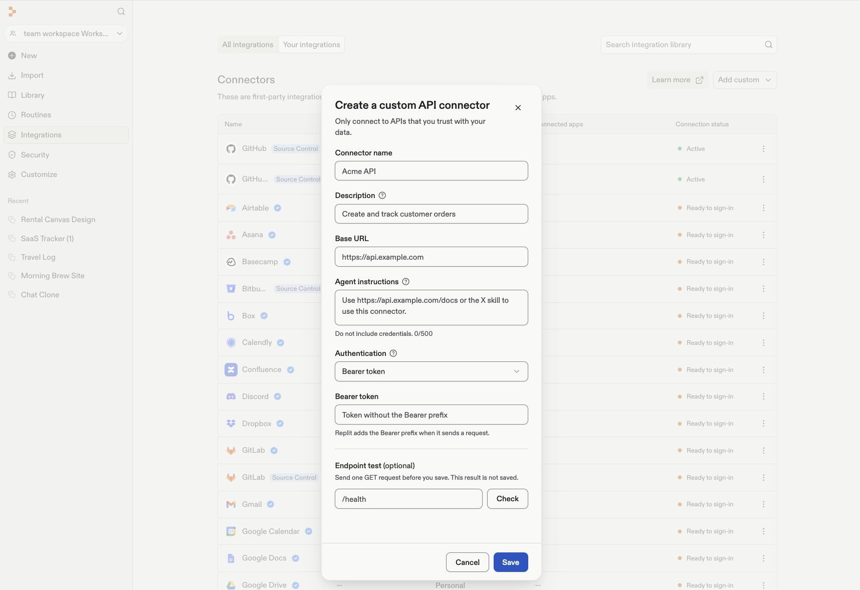 Create a custom API connector form showing its name, description, base URL, Agent instructions, bearer authentication, and optional endpoint test