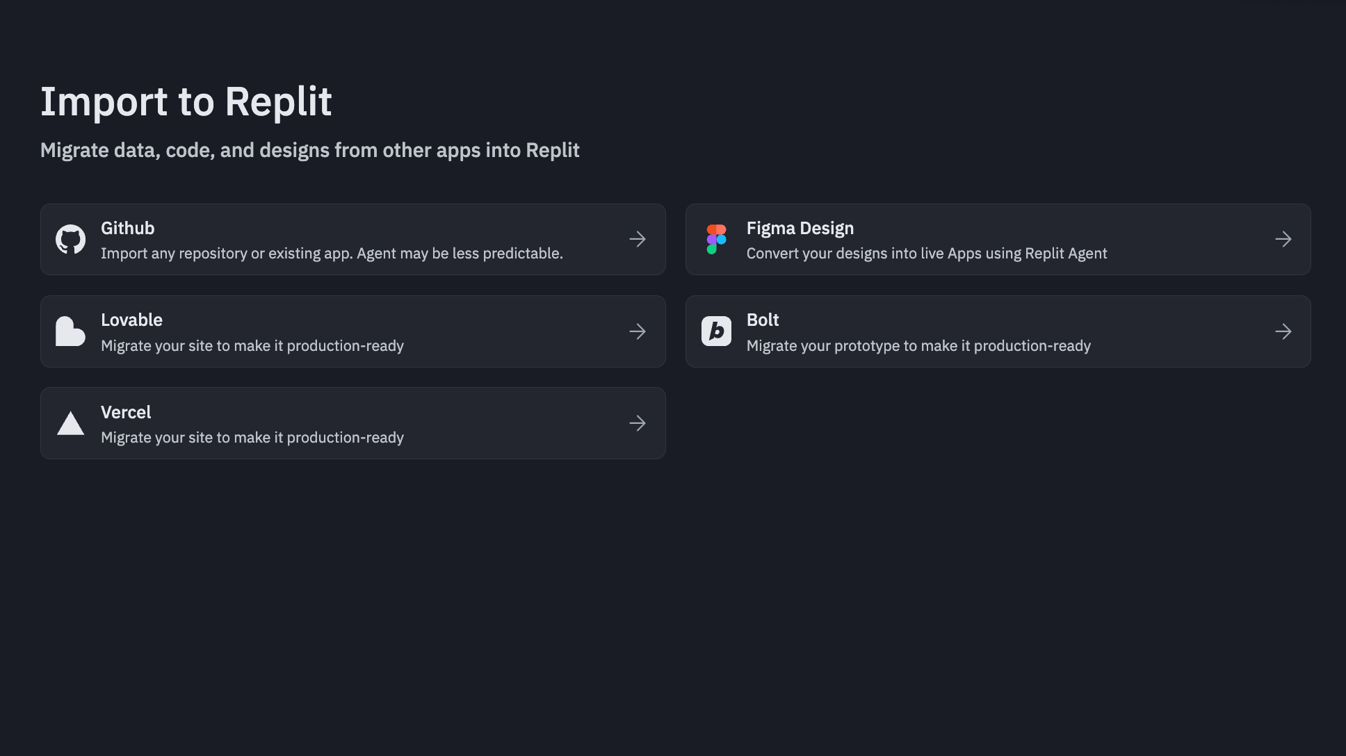 Replit import interface showing available sources