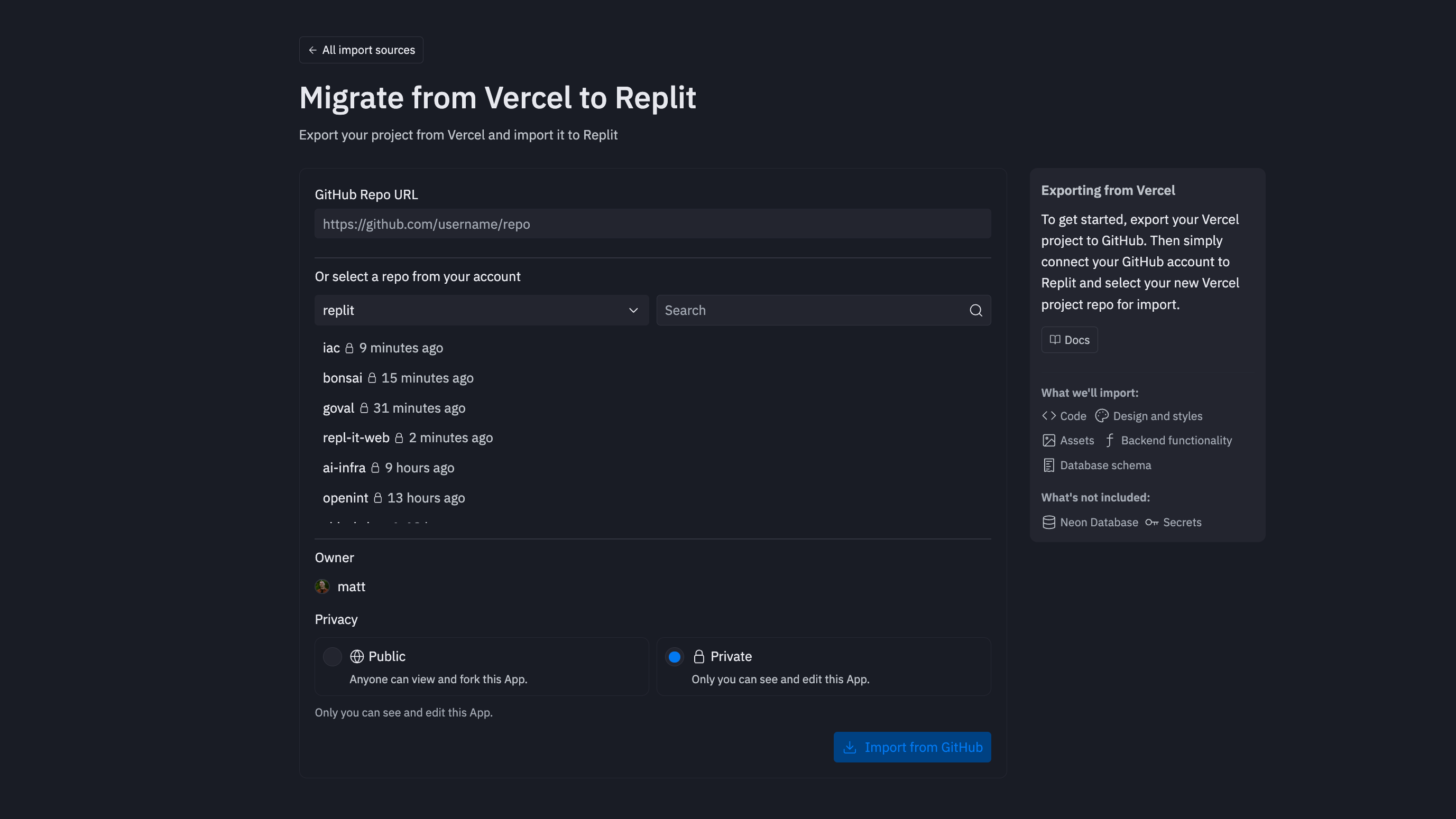 Preview of Vercel project import in Replit