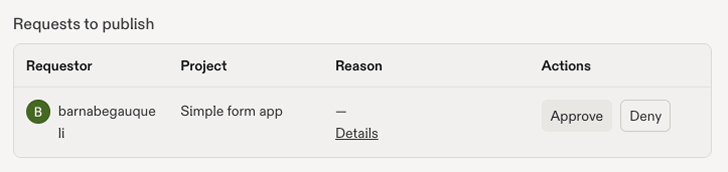 Pending requests with a request to publish Simple form app and Approve, Deny, and Details actions.