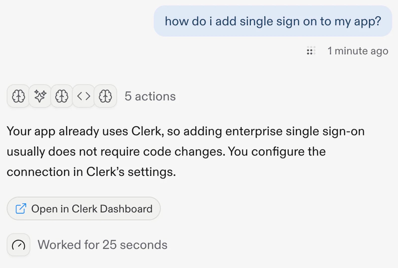 Agent directs a Clerk-powered app to configure enterprise SSO in the Clerk Dashboard.