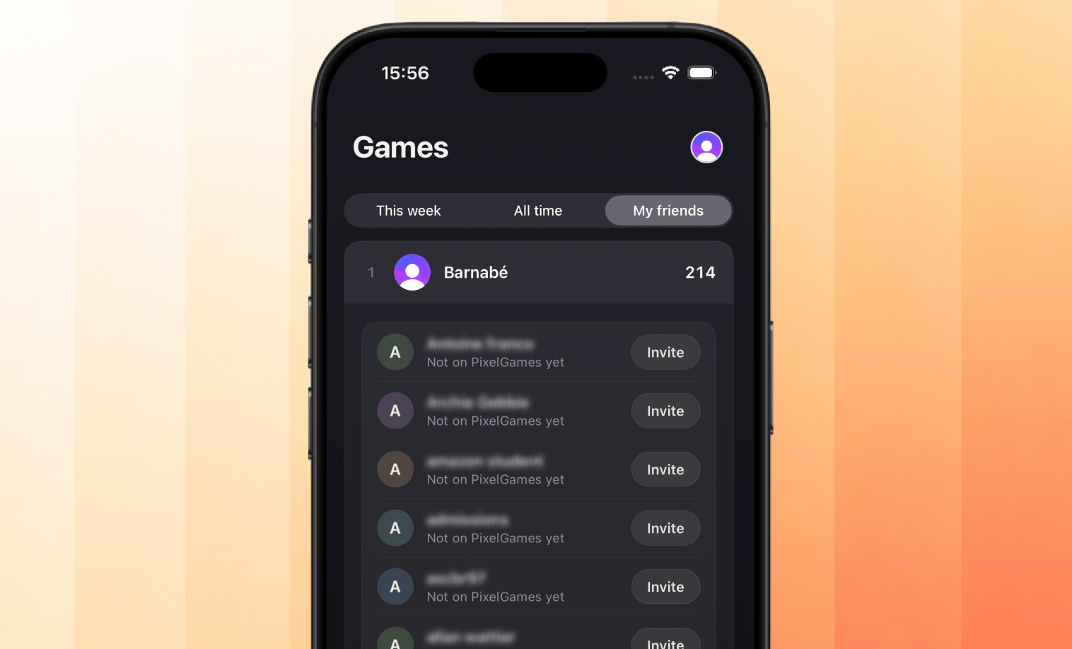 PixelGames My friends tab with a leaderboard and invite buttons for contacts not on the app yet