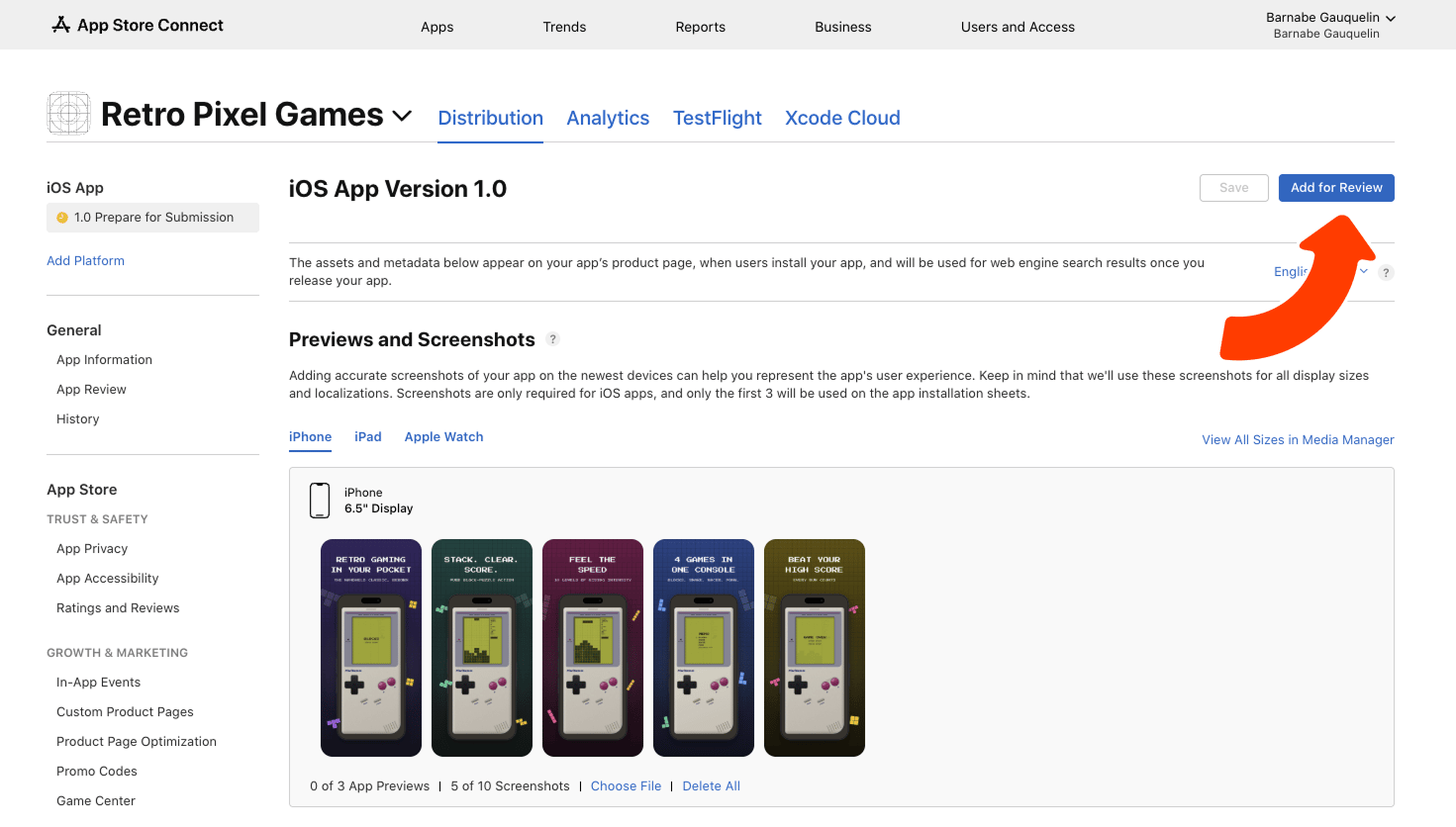 App Store Connect version page with the Add for Review button highlighted