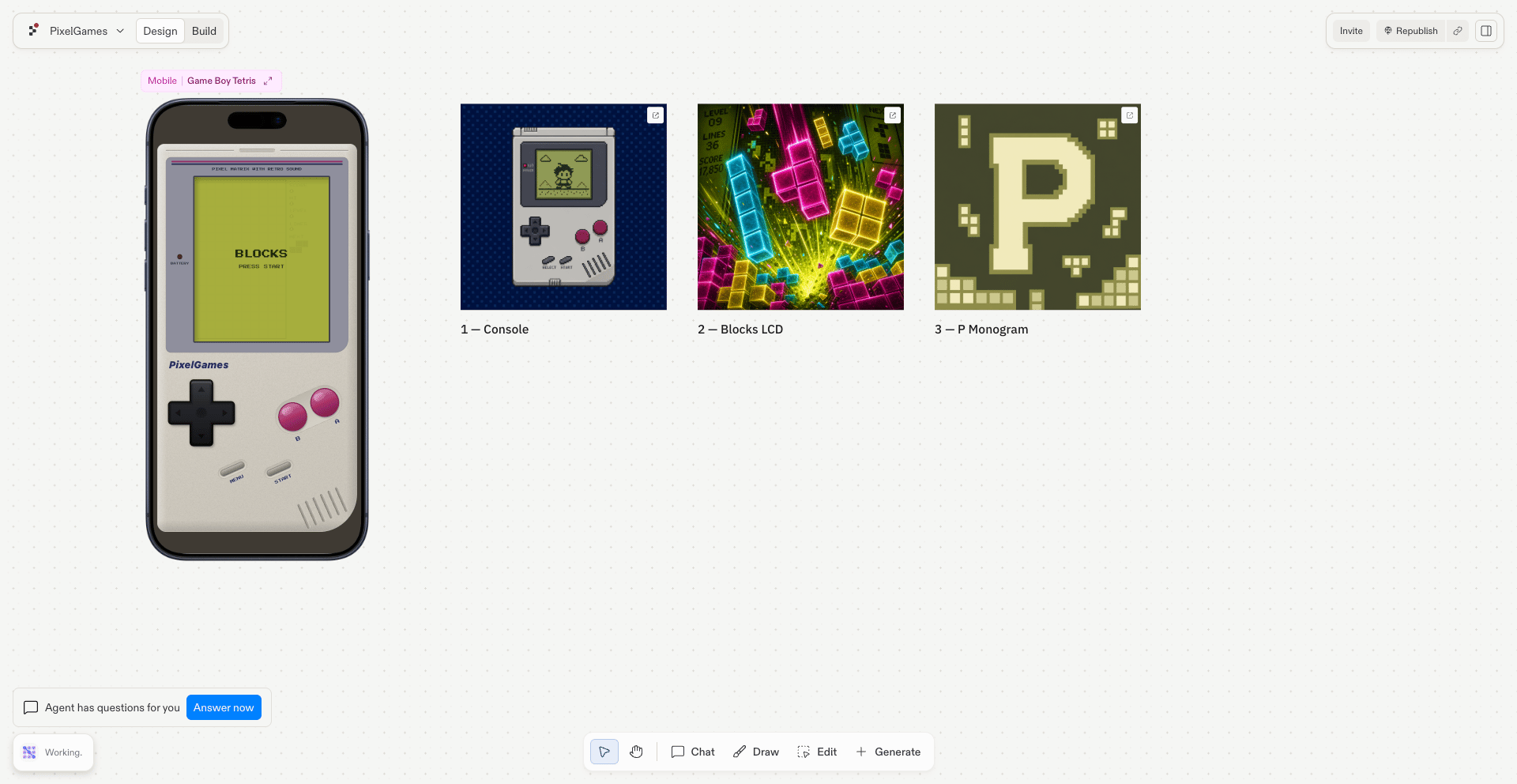Three generated PixelGames app icon concepts: Console, Blocks LCD, and P Monogram
