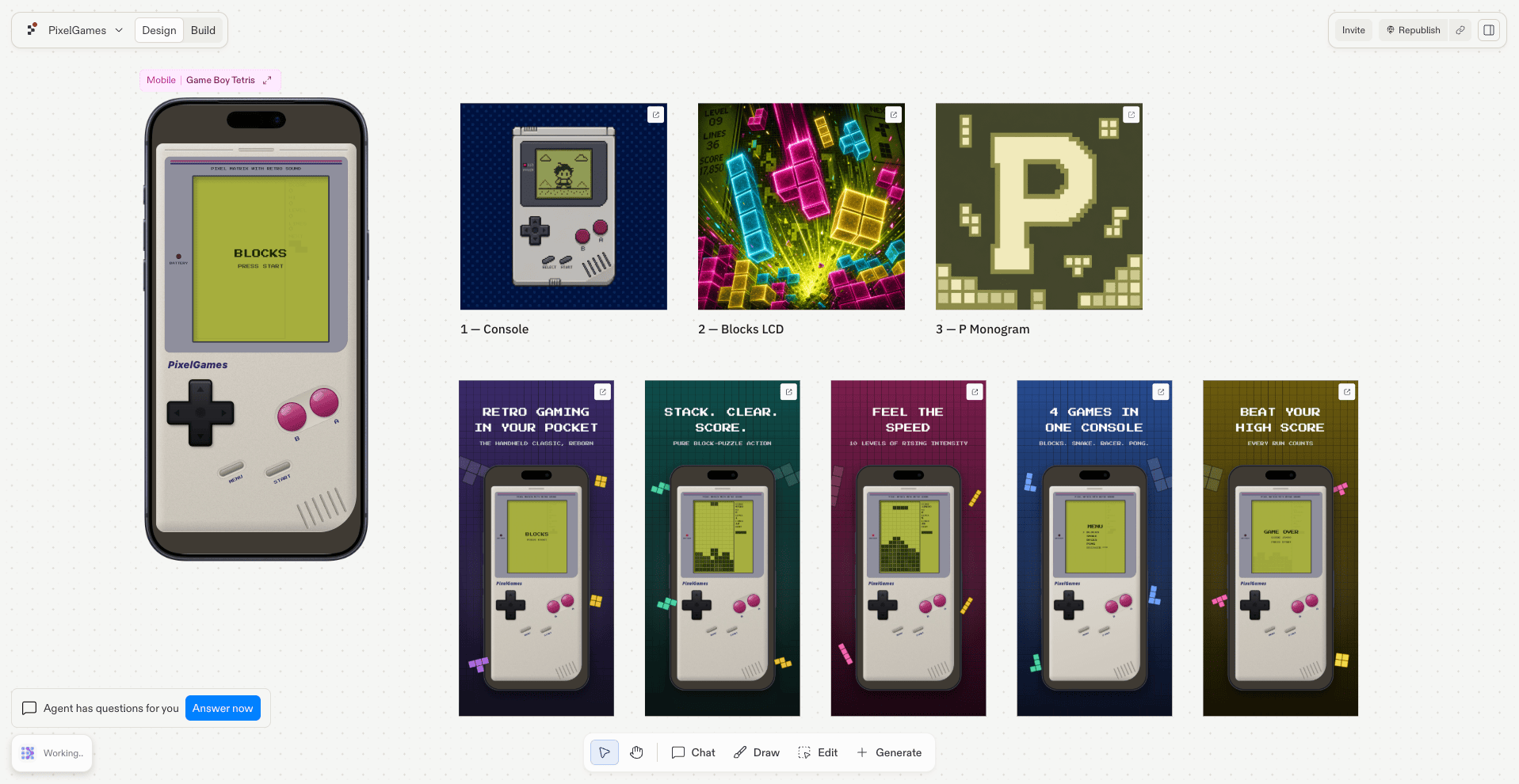 Five generated PixelGames App Store marketing screenshots with headlines and phone frames