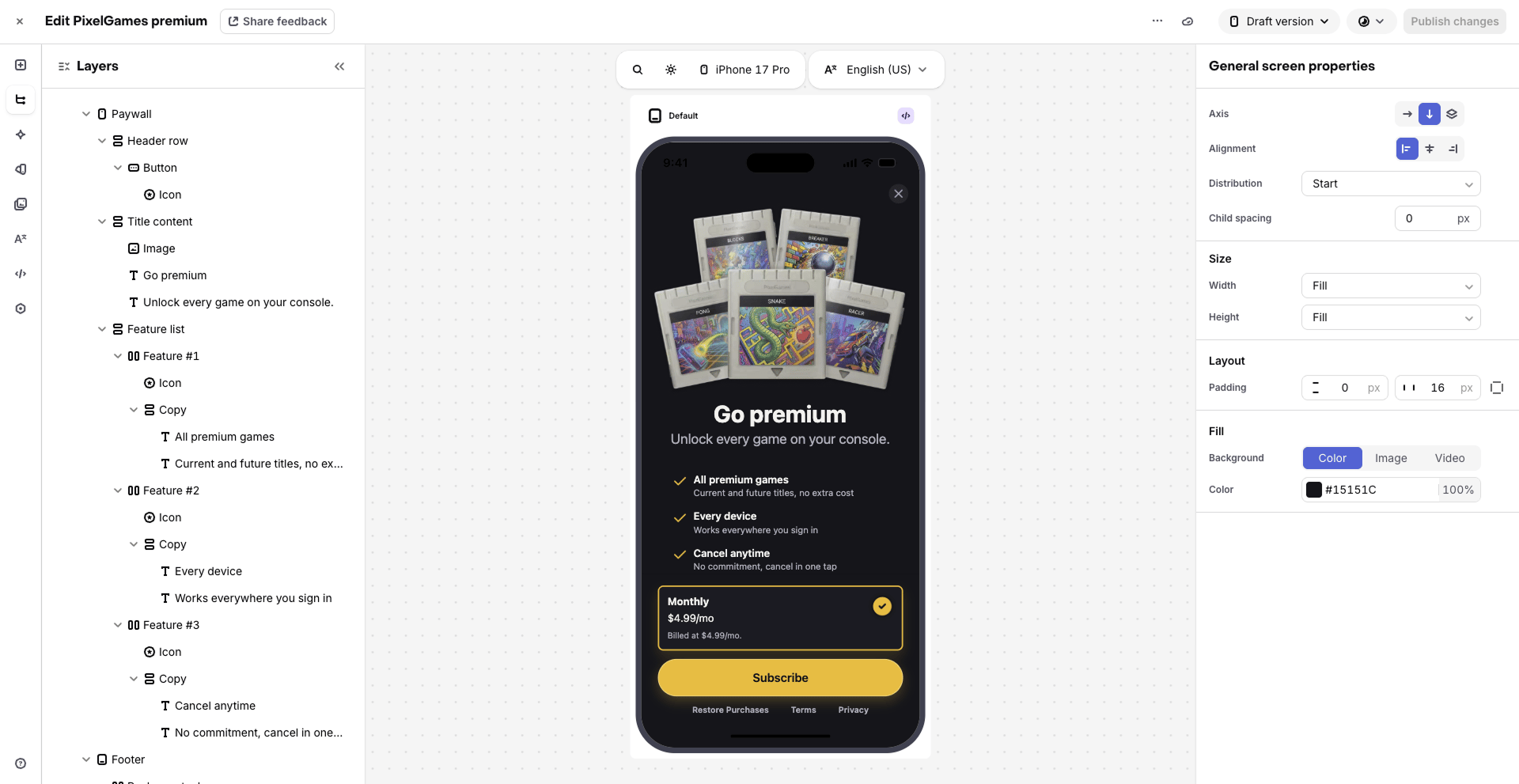 RevenueCat's paywall editor showing the PixelGames premium paywall layout and properties
