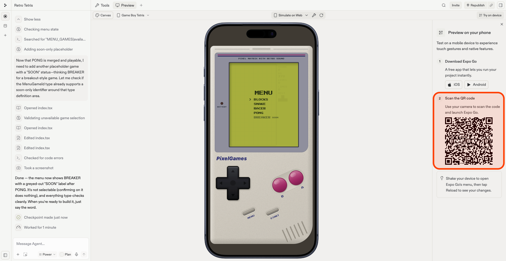 Replit preview pane showing an Expo Go QR code