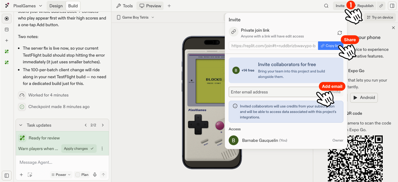共有リンクとメール招待がハイライトされた PixelGames の Invite ダイアログ