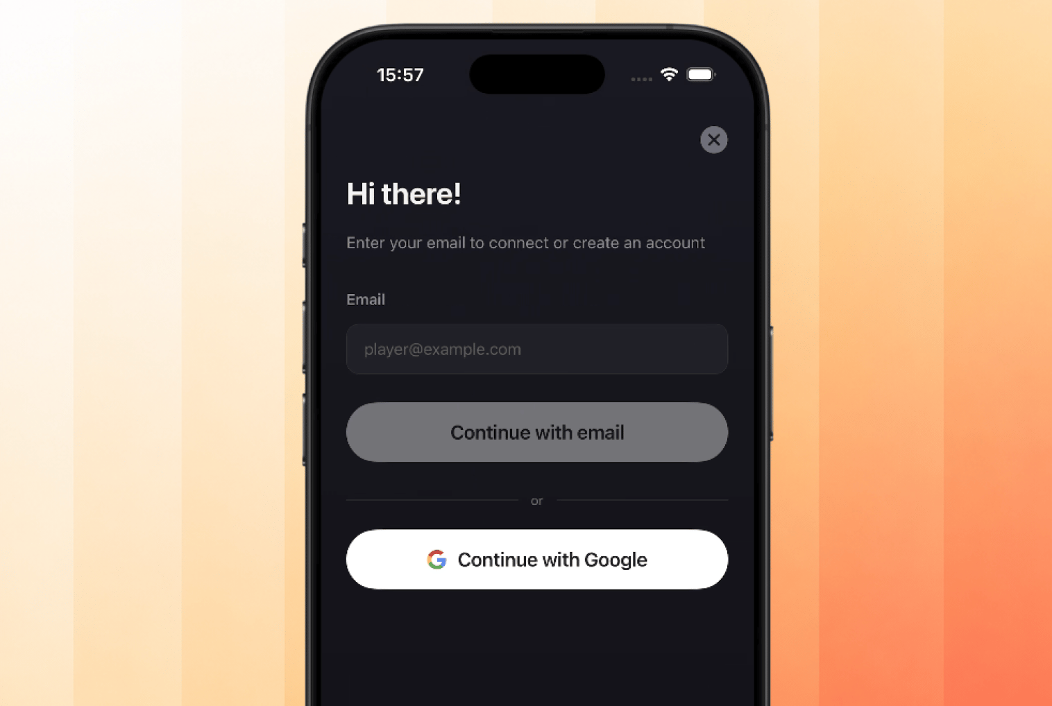 PixelGames sign-in modal with Continue with email and Continue with Google