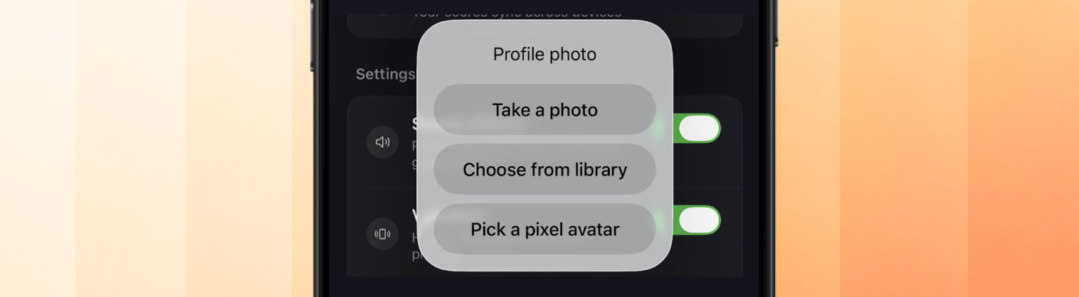 Native iOS action sheet with Take a photo, Choose from library, and Pick a pixel avatar options
