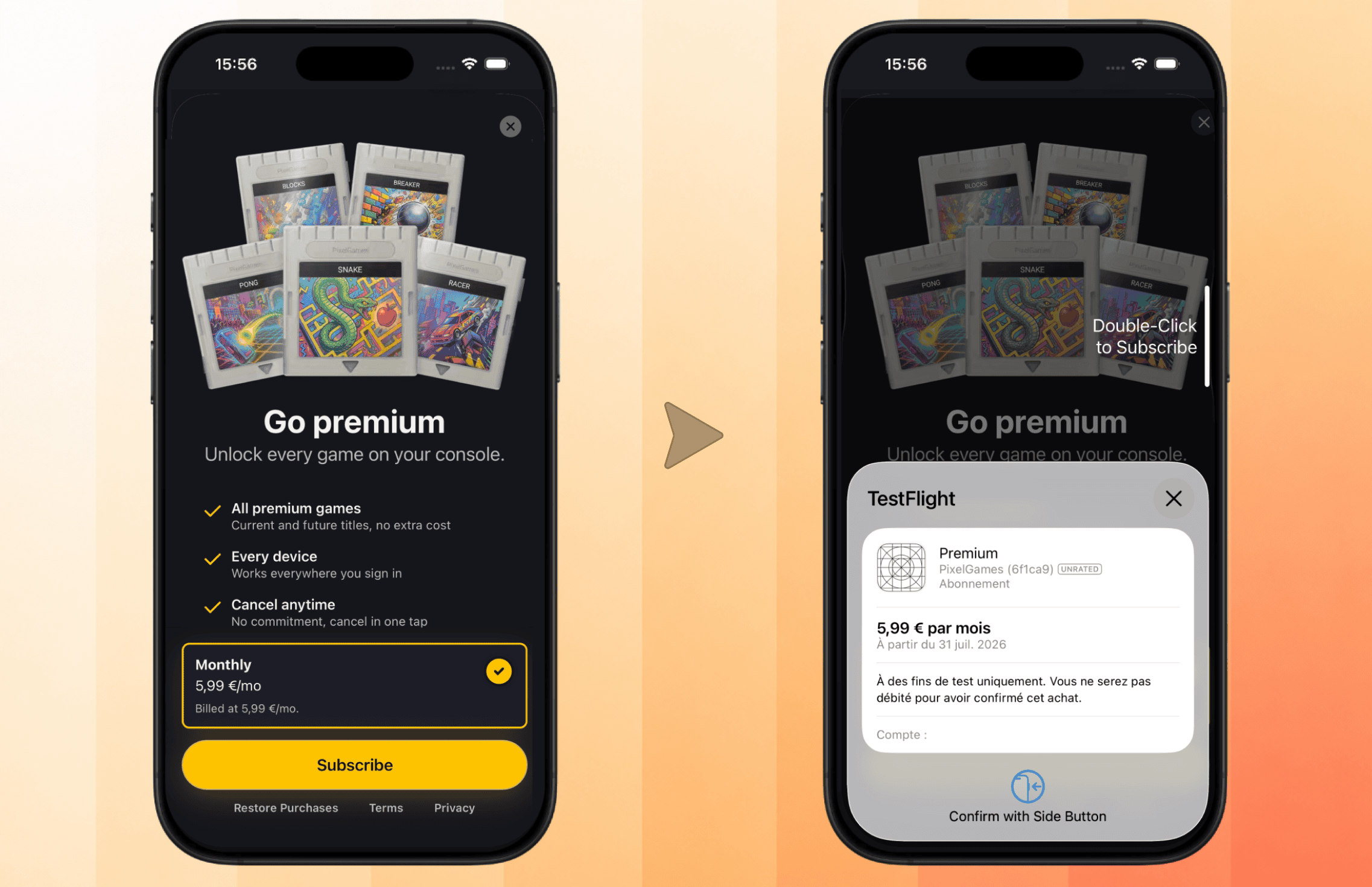 PixelGames paywall on TestFlight next to the real TestFlight purchase confirmation sheet