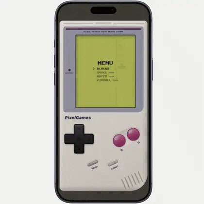 PixelGames menu listing Blocks, Snake, Racer, and Pinball, with Blocks selected