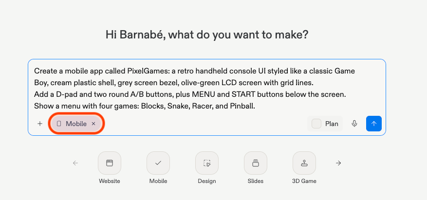 The PixelGames build prompt entered on Replit's homepage, with Mobile mode selected