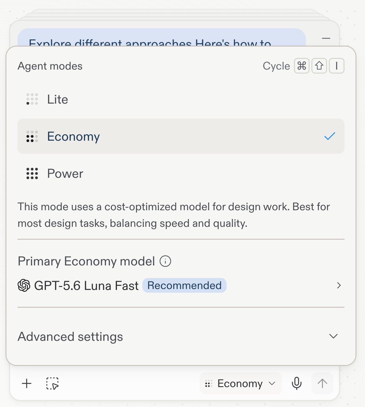 Agent modes popover with Economy selected, described as a cost-optimized model balancing speed and quality, with GPT-5.6 Luna Fast as the recommended primary Economy model