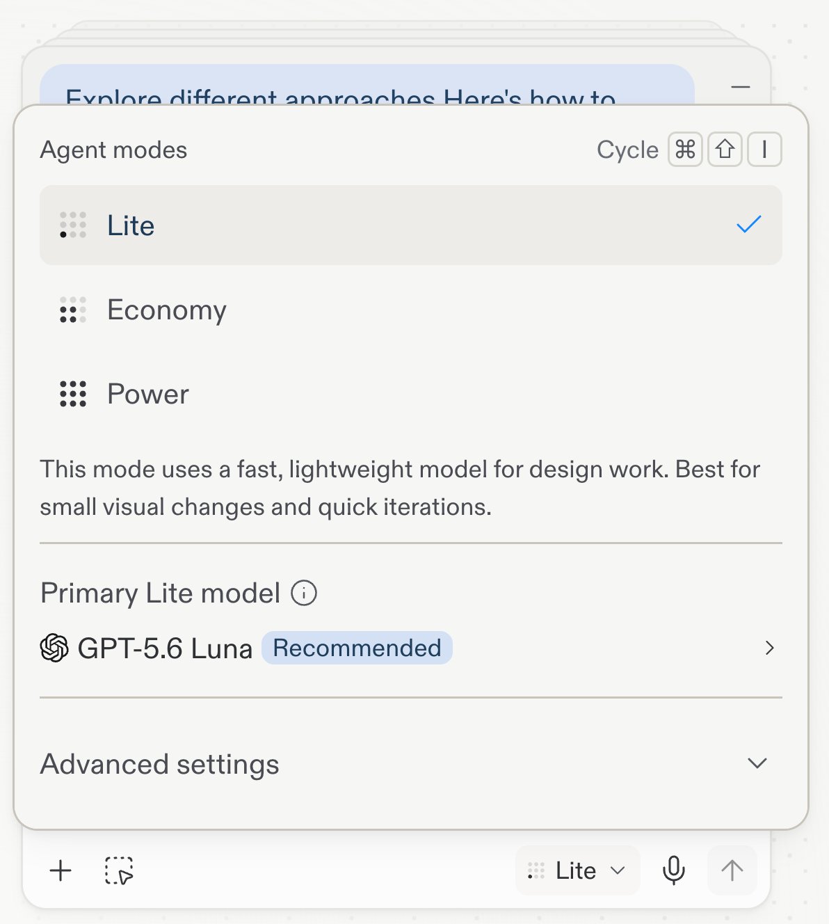 Menu suspenso de modos do Agent com Lite selecionado