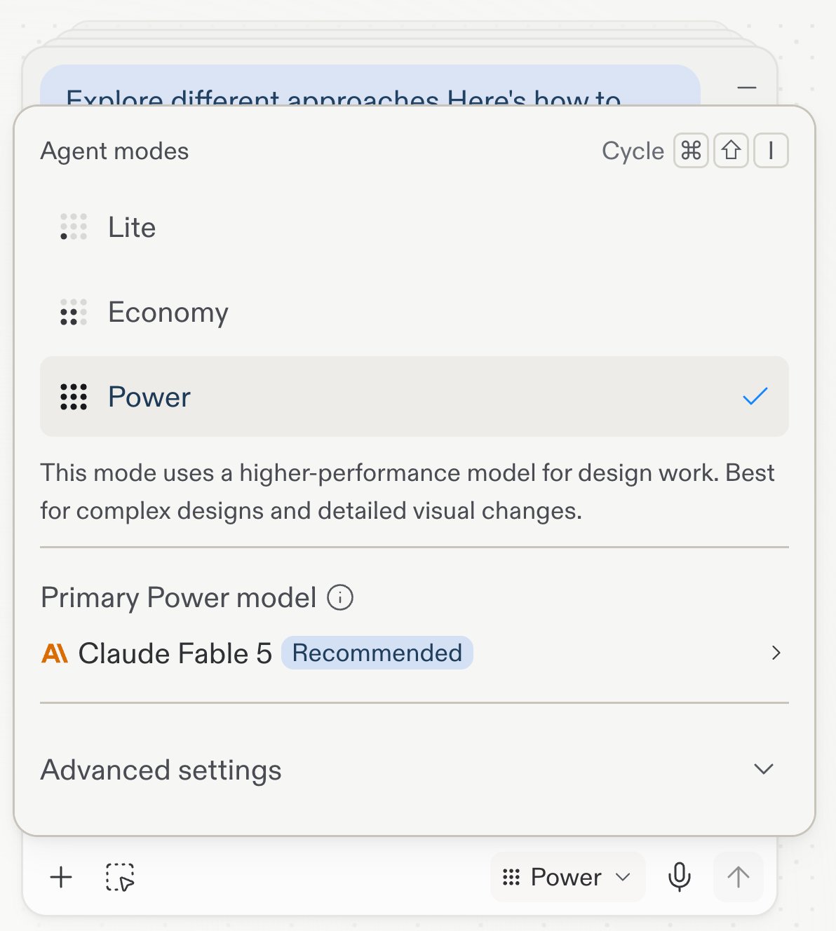 Agent modes popover with Power selected, described as a higher-performance model for complex work, with Claude Fable 5 as the recommended primary Power model
