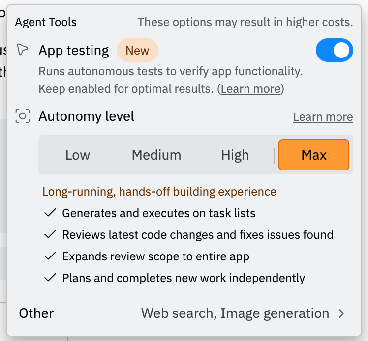 Agent Tools interface showing Max autonomy toggle enabled with Beta label