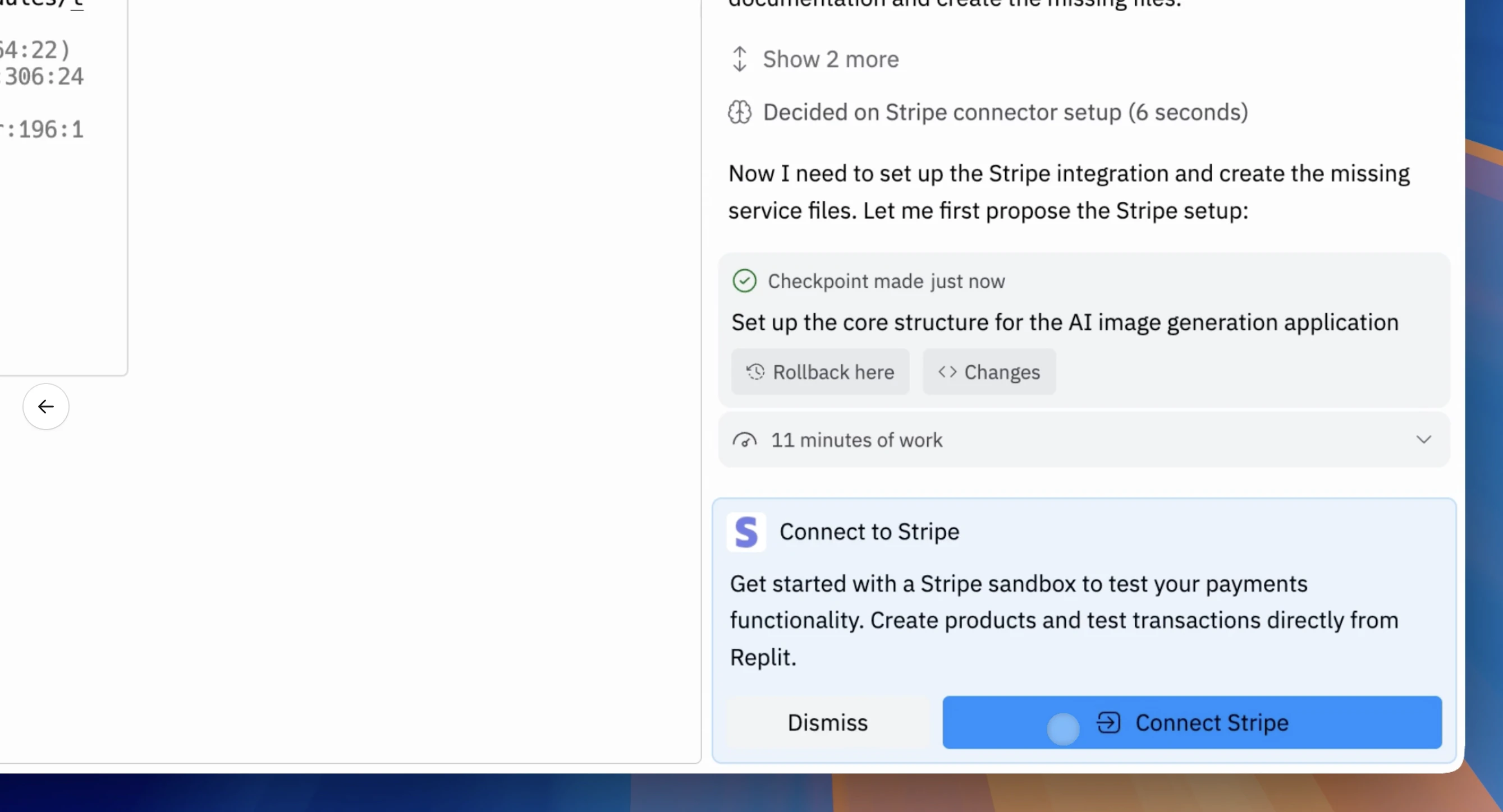 Agent's 'Connect to Stripe' connector card in the chat panel. Card title 'Connect to Stripe' with the Stripe S badge; subtitle 'Get started with a Stripe sandbox to test your payments functionality. Create products and test transactions directly from Replit.' Dismiss and Connect Stripe buttons.