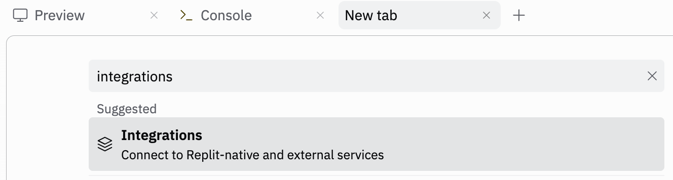 New tab search showing Integrations option