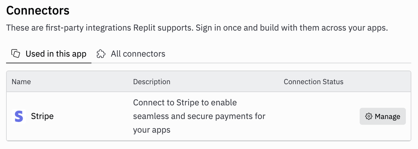 Connectors panel showing Stripe integration with Manage button