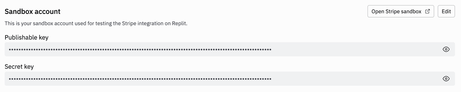 Stripe sandbox account with Edit button