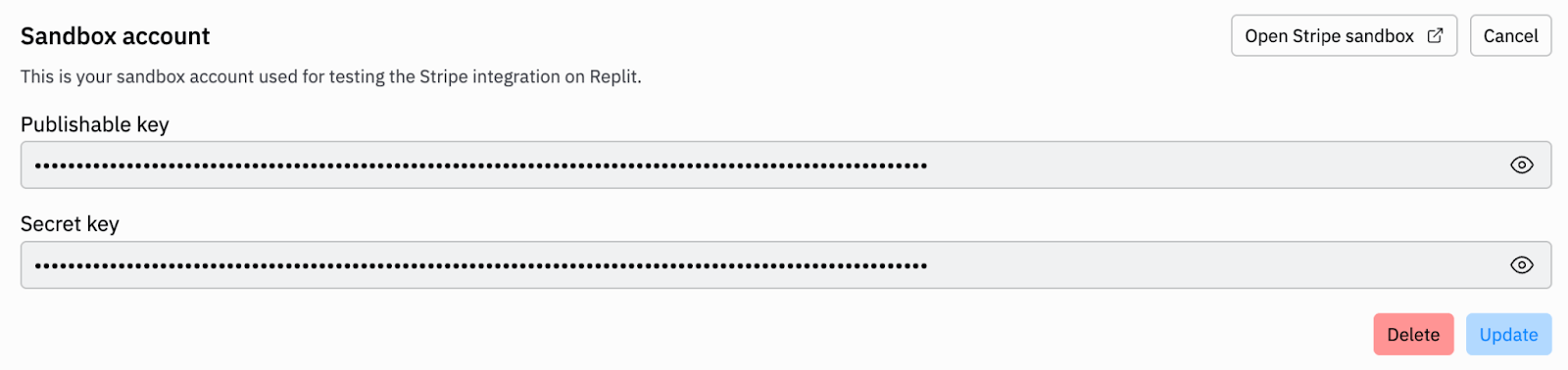 Stripe sandbox account with Delete button