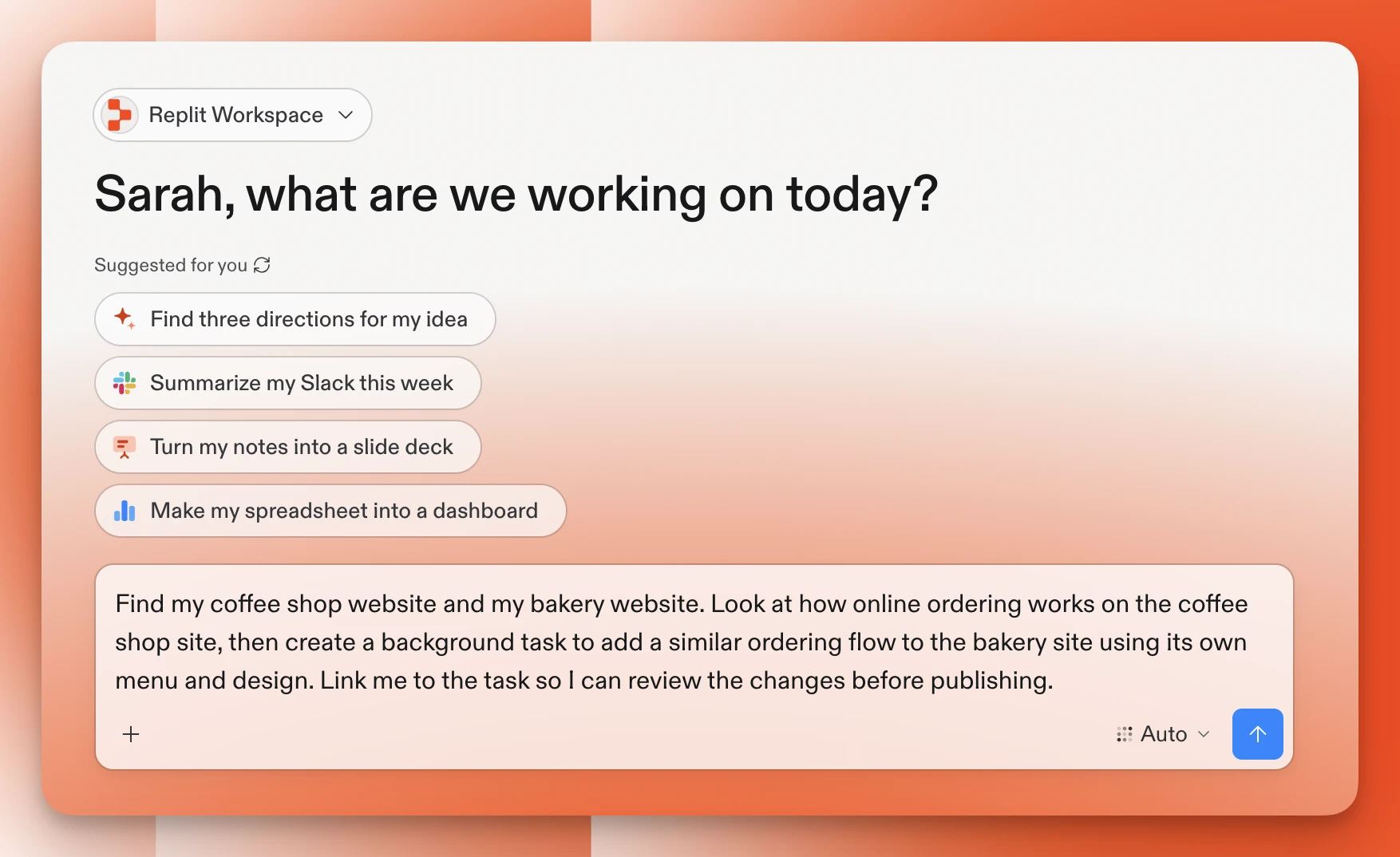 Replit chat composer with a draft prompt asking to find a coffee shop website and a bakery website, then create a background task to adapt the coffee shop's ordering flow for the bakery.