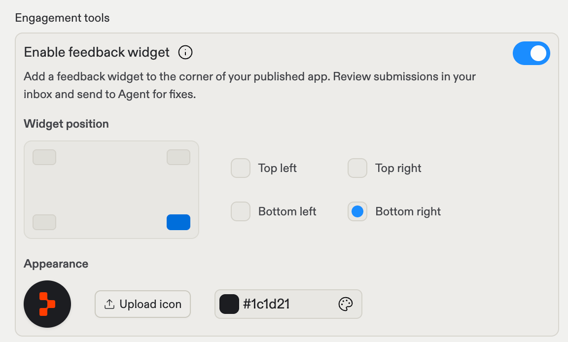 Engagement tools section with the feedback widget enabled, showing widget position options and appearance settings with an icon and color picker