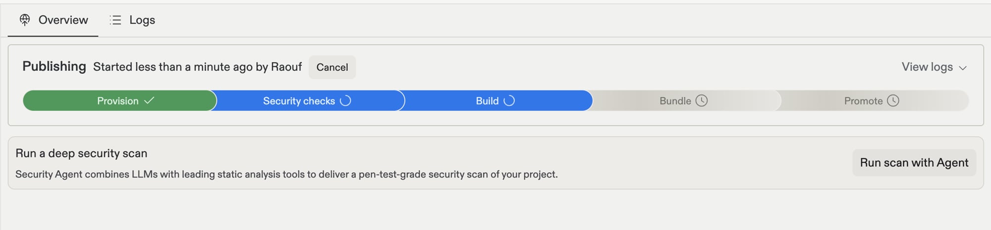 The Publishing overview showing the five-stage progress bar with Provision complete, Security checks and Build in progress, and Bundle and Promote pending
