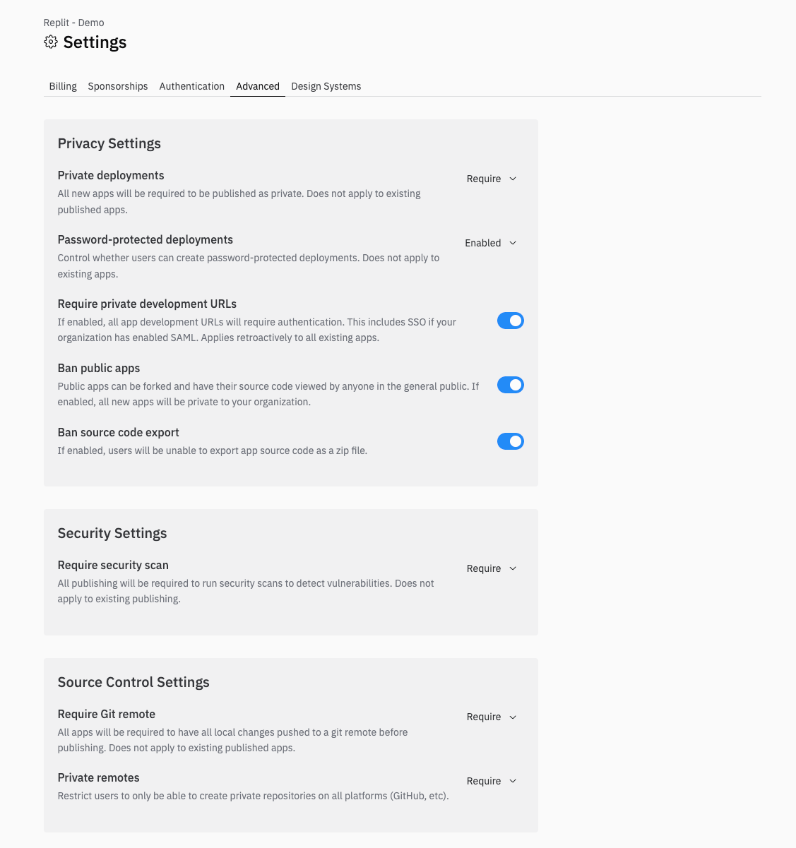 Enterprise Settings page showing the Advanced tab with Privacy Settings, Security Settings, and Source Control Settings sections