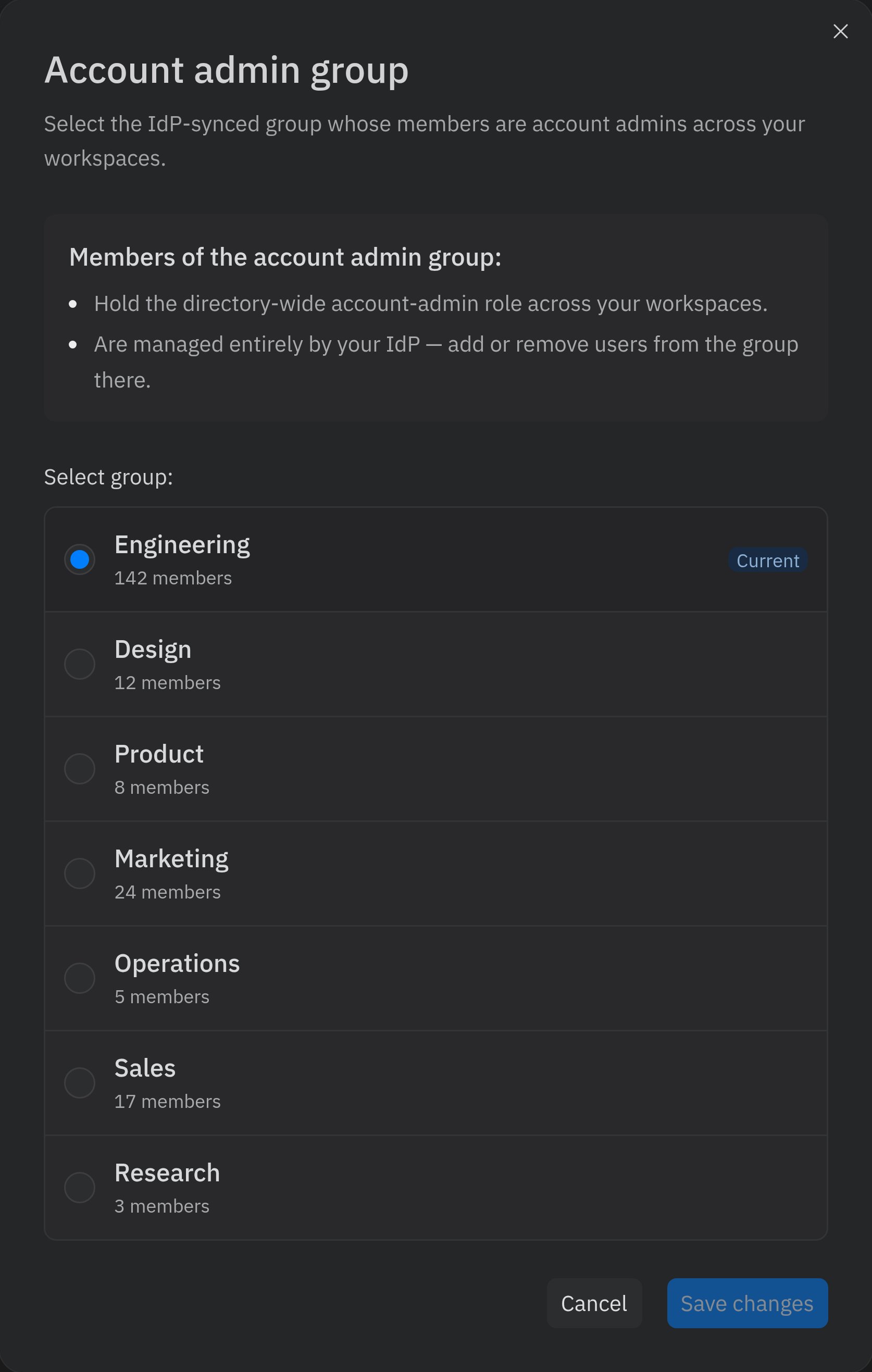 Account admin group dialog explaining that members of the selected IdP-synced group hold the account-admin role, with a radio list of synced groups (Engineering marked Current, plus others) and member counts.