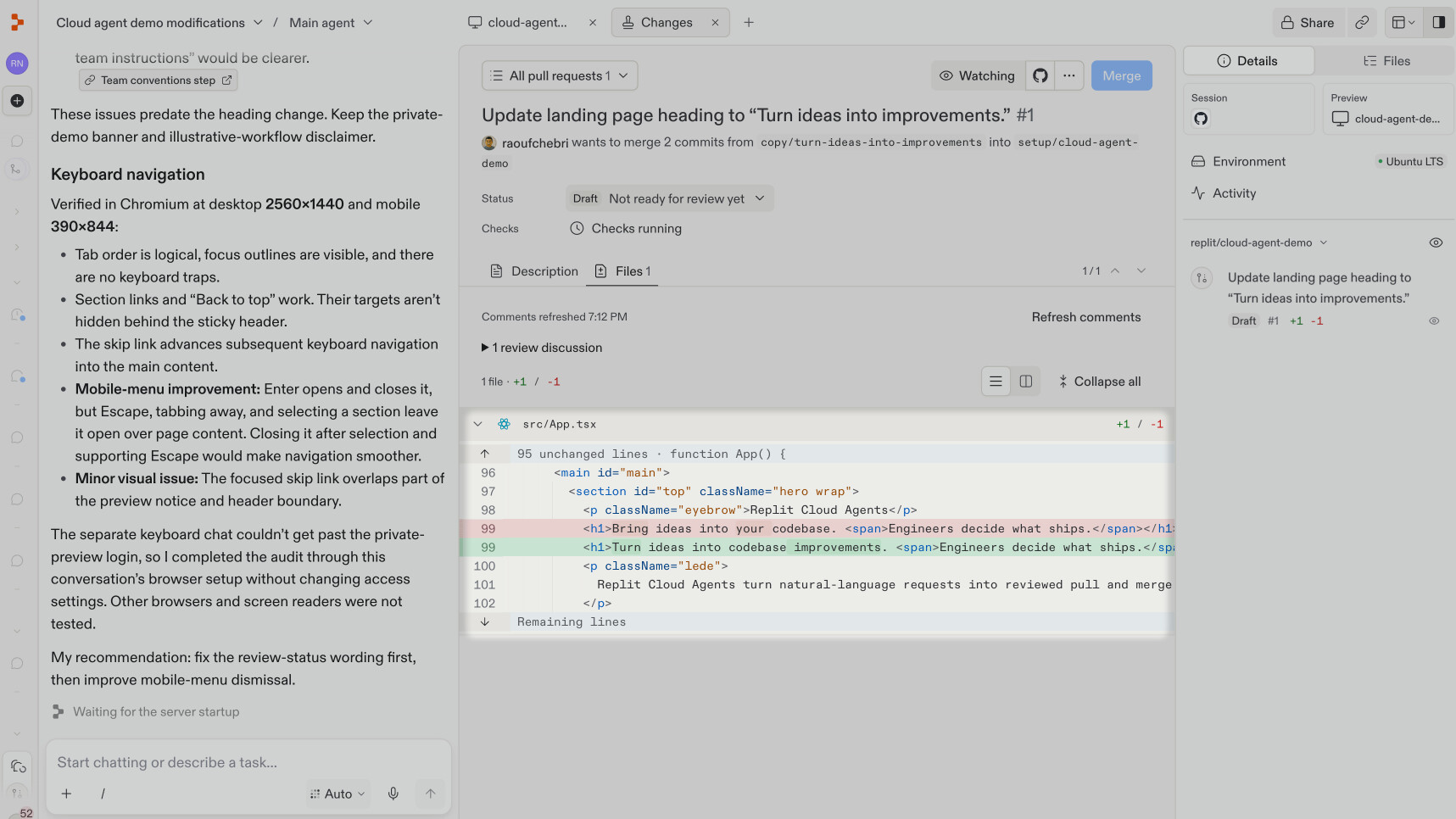 The Files tab shows removed and added heading text in a linked pull request.