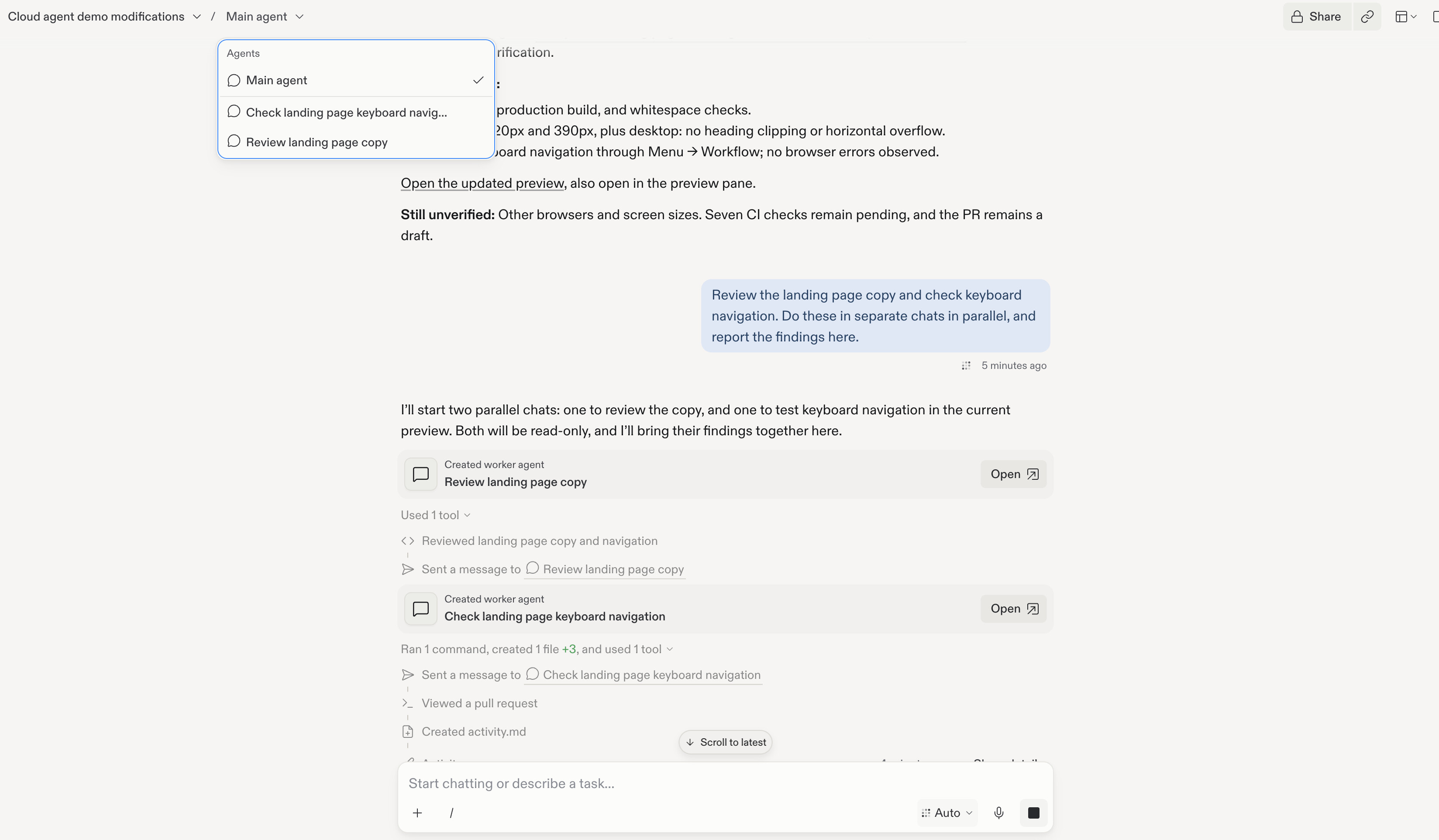 The Main agent menu lists the main chat and the worker chats for keyboard navigation and landing page copy.