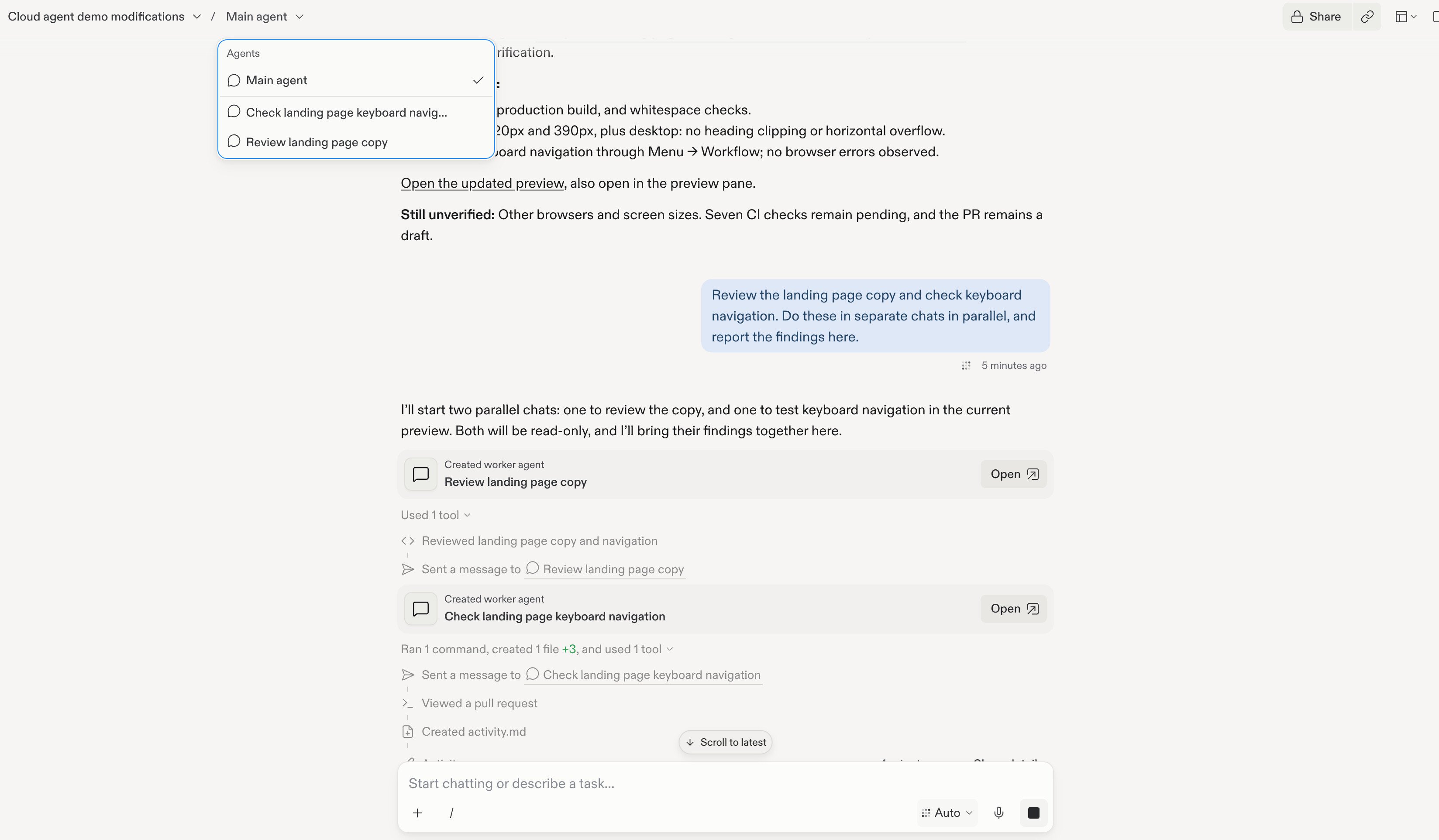 The Main agent menu lists the main chat and the worker chats for keyboard navigation and landing page copy.