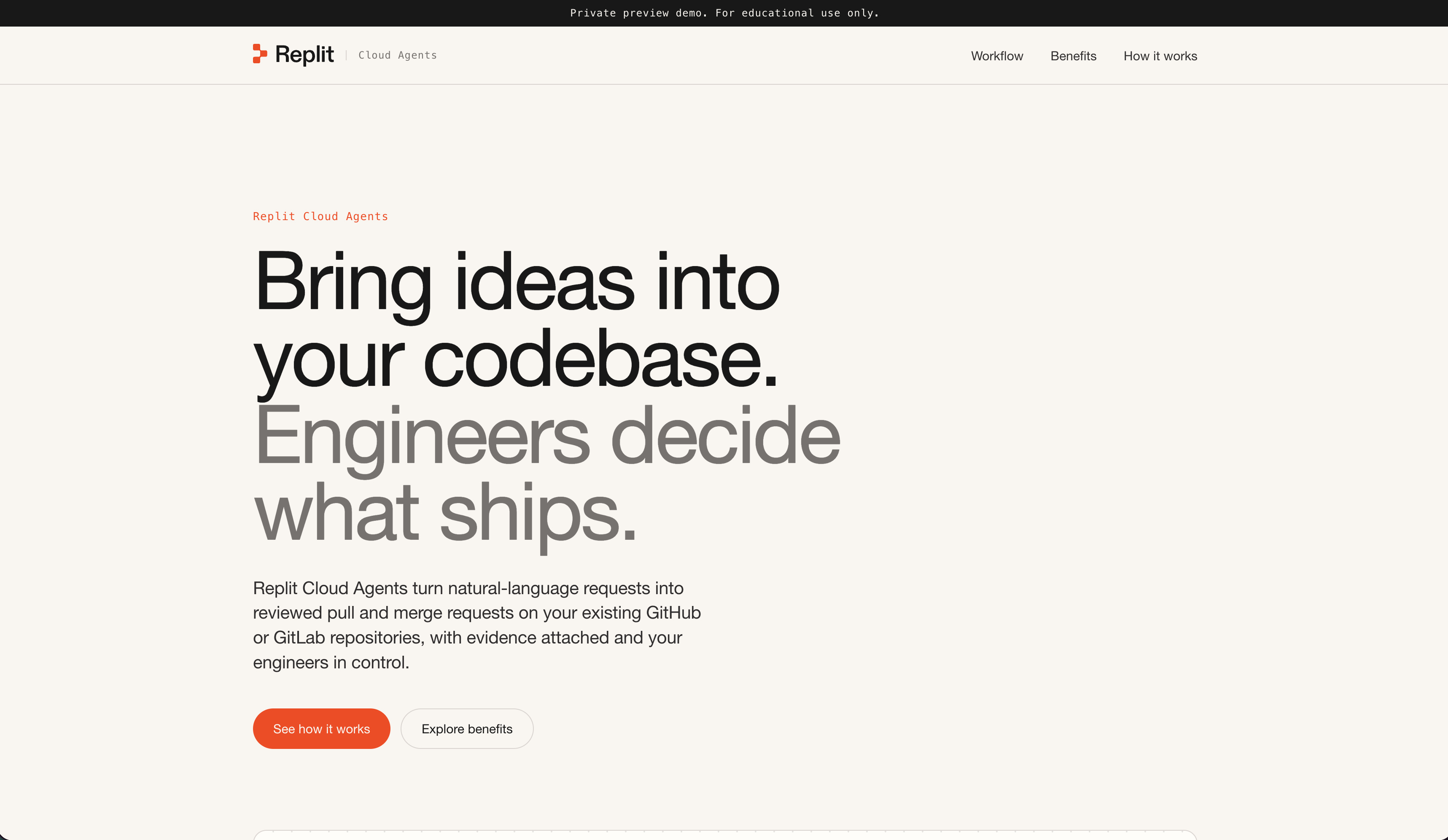 Cloud Agent Demo landing page displayed without the surrounding Replit chat and sidebar.
